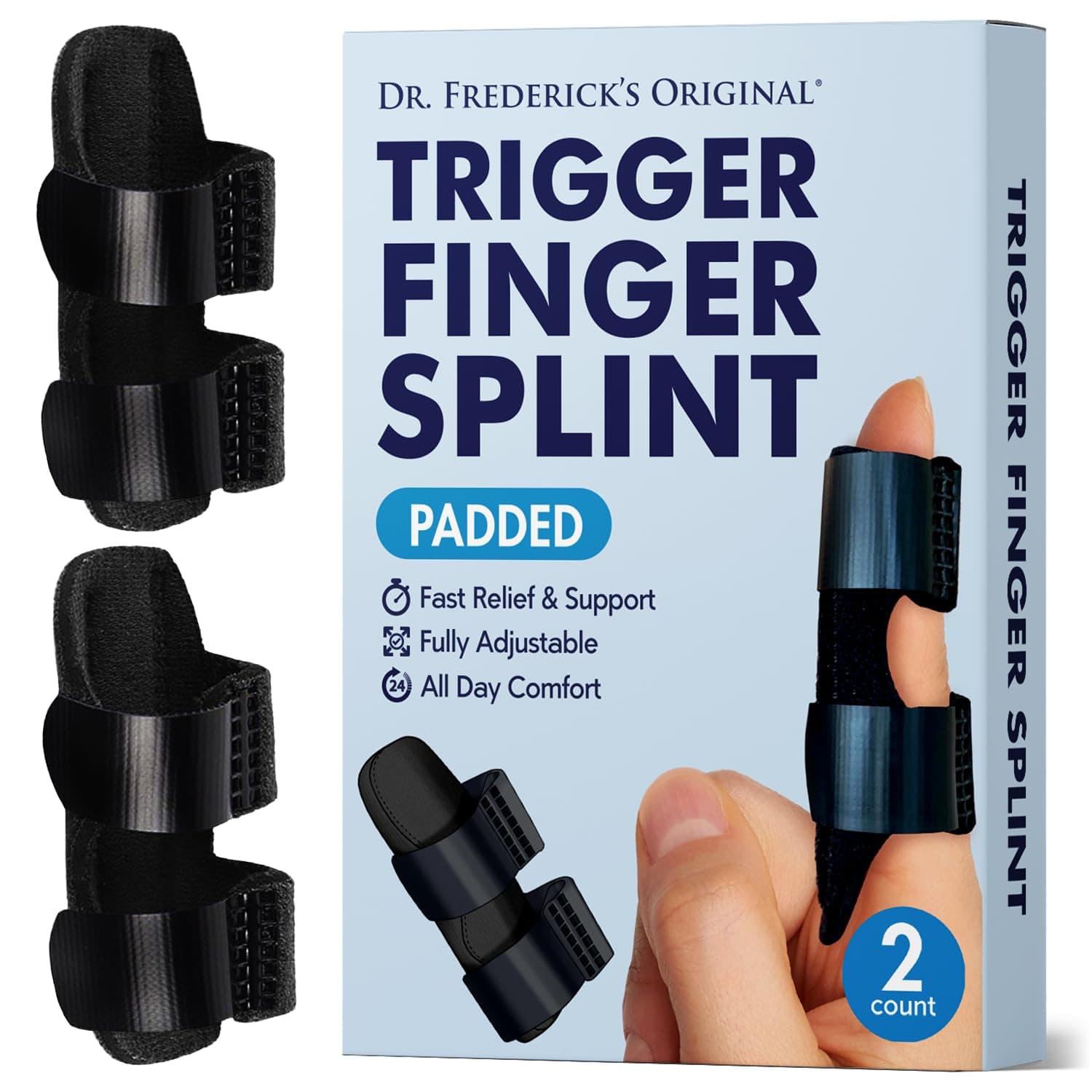 Dr. Frederick's Original Trigger Finger Splint - 2ct - Finger Splint for Trigger Finger Pain - Mallet Finger Splint - Finger Brace for Arthritis, Injury, Sprain - Fits Index, Middle, & Ring Finger