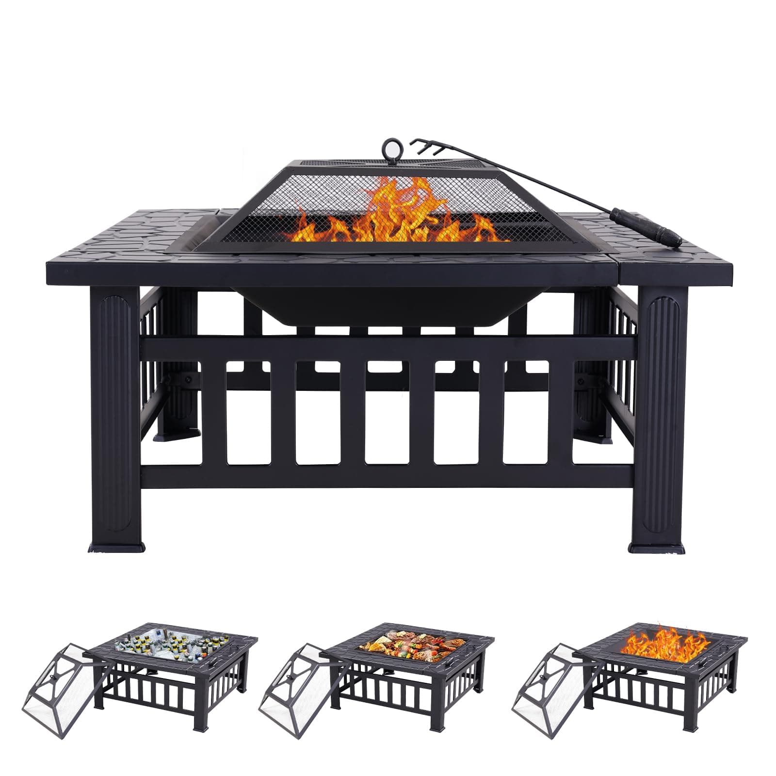 32" Square Outdoor Fire Pit Table Multiuse Patio BBQ Firepit with Steel Fire Poker and Cover for Camping, Outdoor Heating, Outside Wood Burning and Picnic, Black