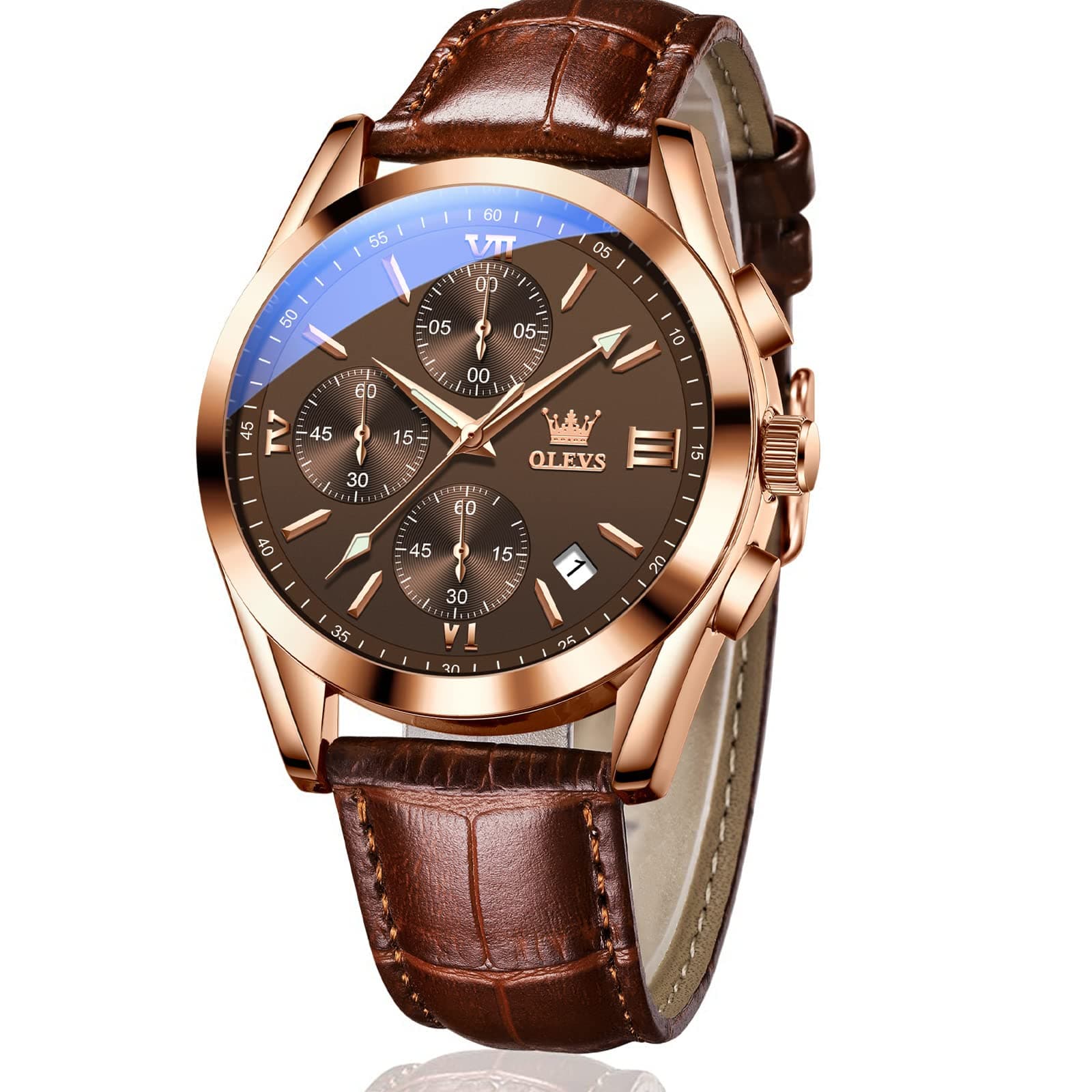 Men's Chronograph Quartz Watches, Leather Strap Gold Case with Day Date, Waterproof Stainless Steel Wrist Watch, Luminous Hand Analog Watches for Men, Brown/Black/Blue/White Dial