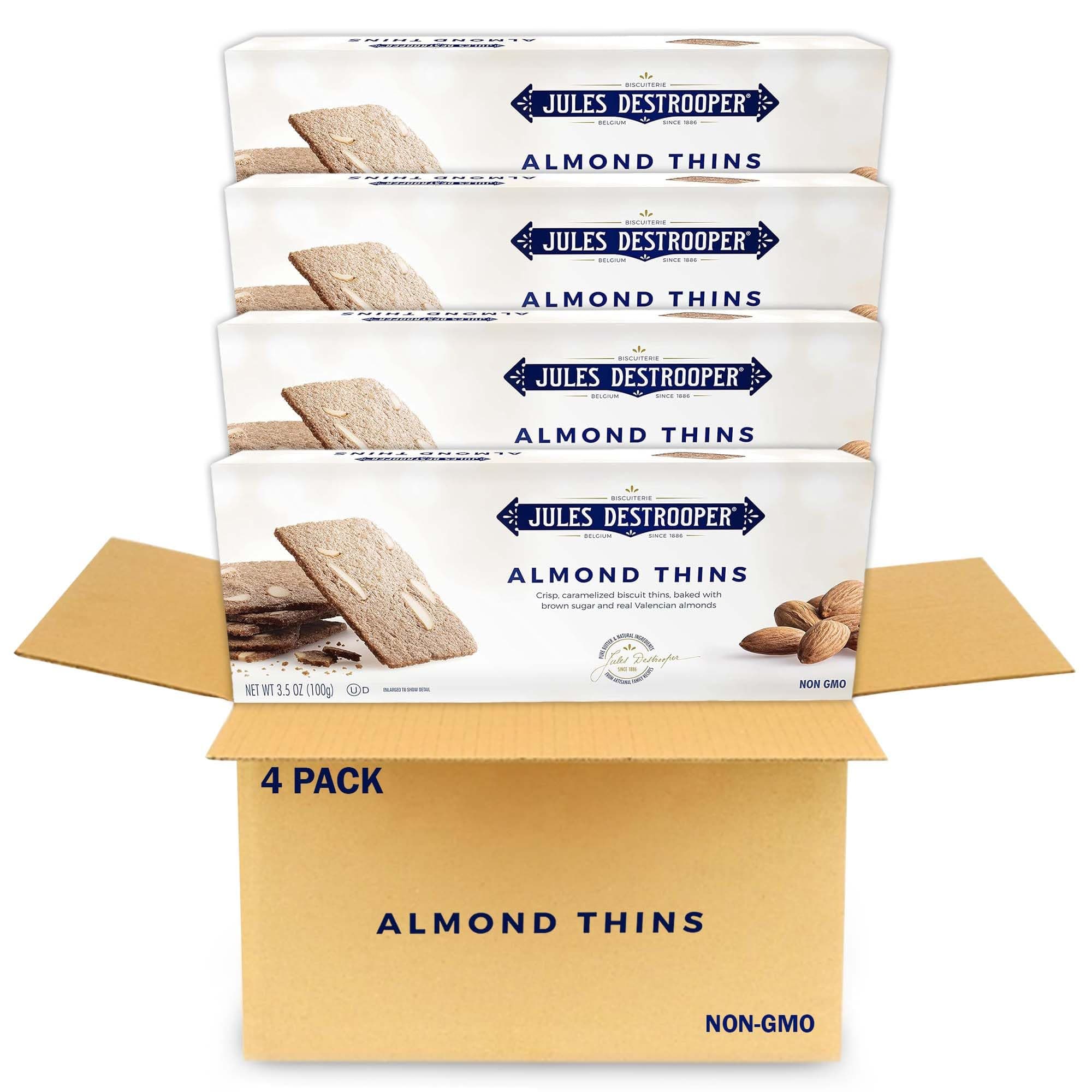 Jules Destrooper Almond Thins - Caramelized Almond Cookies, Certified Kosher Dairy, Non-GMO, Authentic Biscuits Made in Belgium - 3.5 Oz, Pack of 4