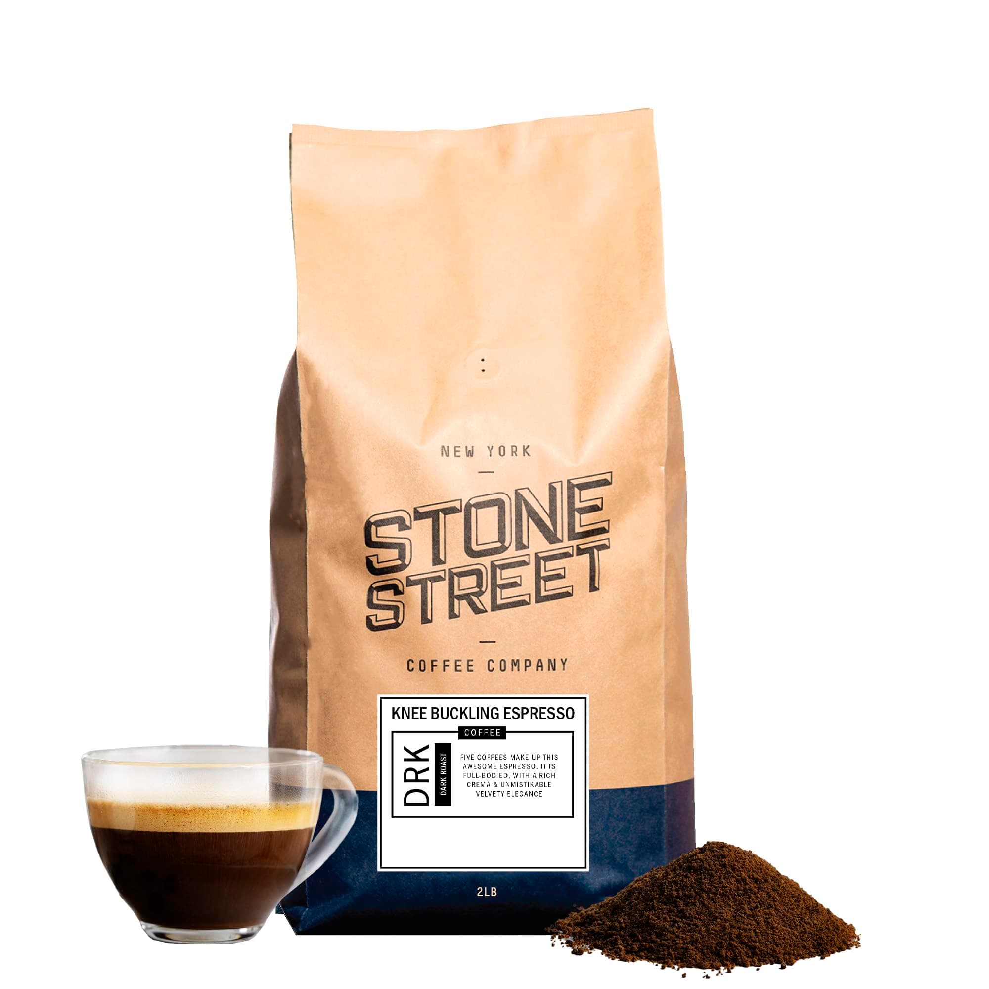 Knee Buckling Espresso Coffee, Ground, High Caffeine Blend, Dark Roast, 2 LB