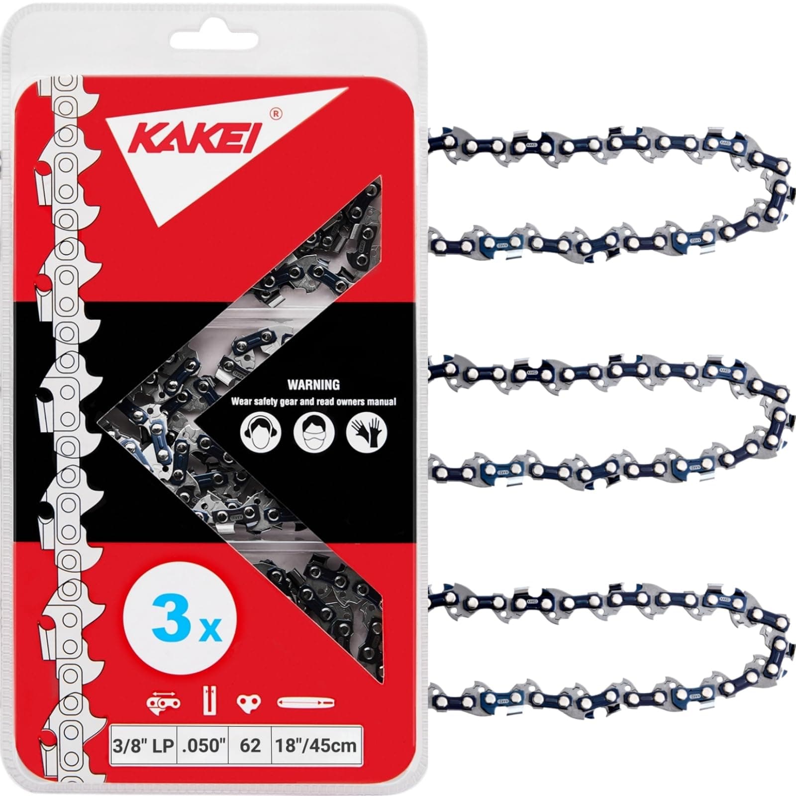 18 Inch Chainsaw Chain 3/8" LP Pitch .050" Gauge 62 Drive Links Fits Poulan, Kobalt, Echo, Ego, Greenworks and More- S62 (3 Chains) - Semi Chisel