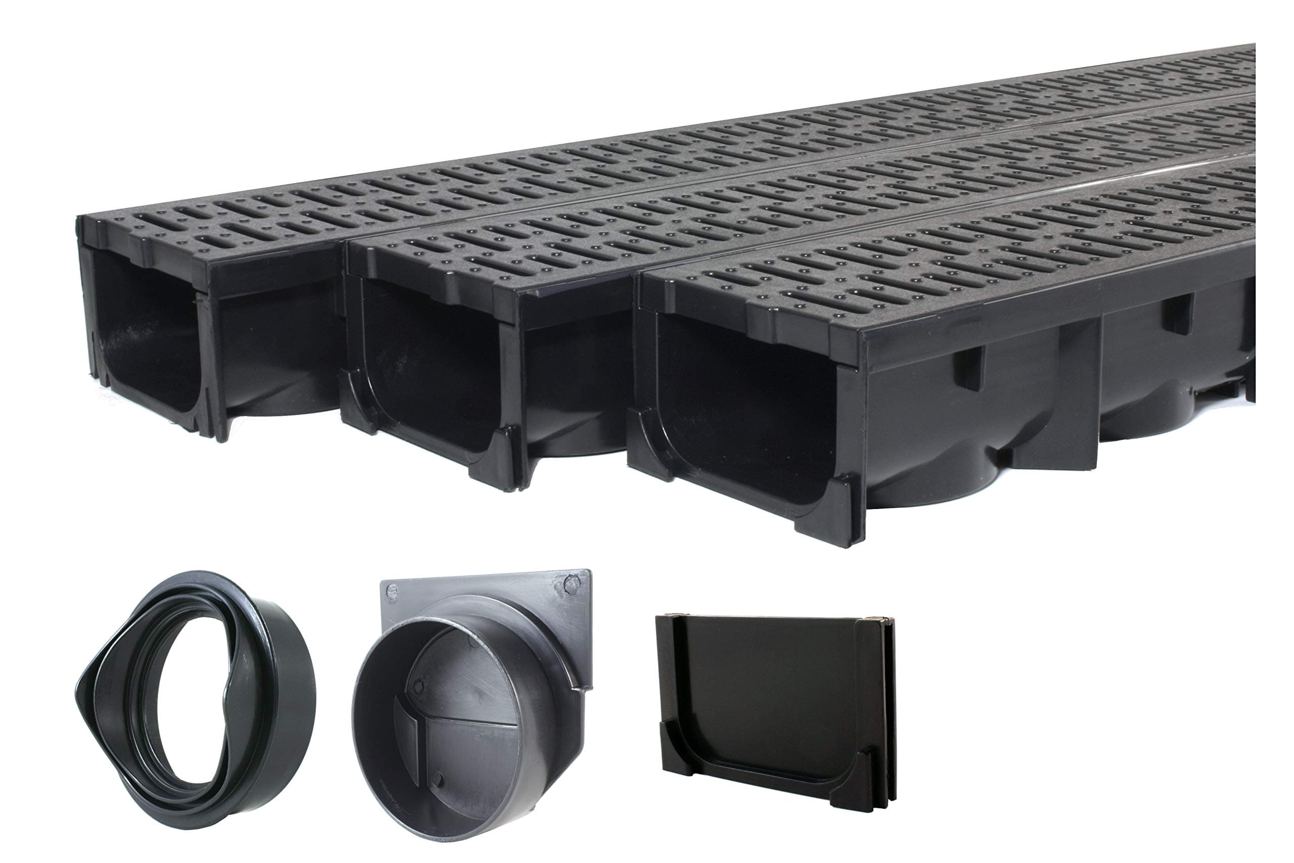 URA WATER - Model UA-100 - Drainage Trench Set - Channel Drain With Grate - Black Plastic - 3 x 39" - (117" Total Length)