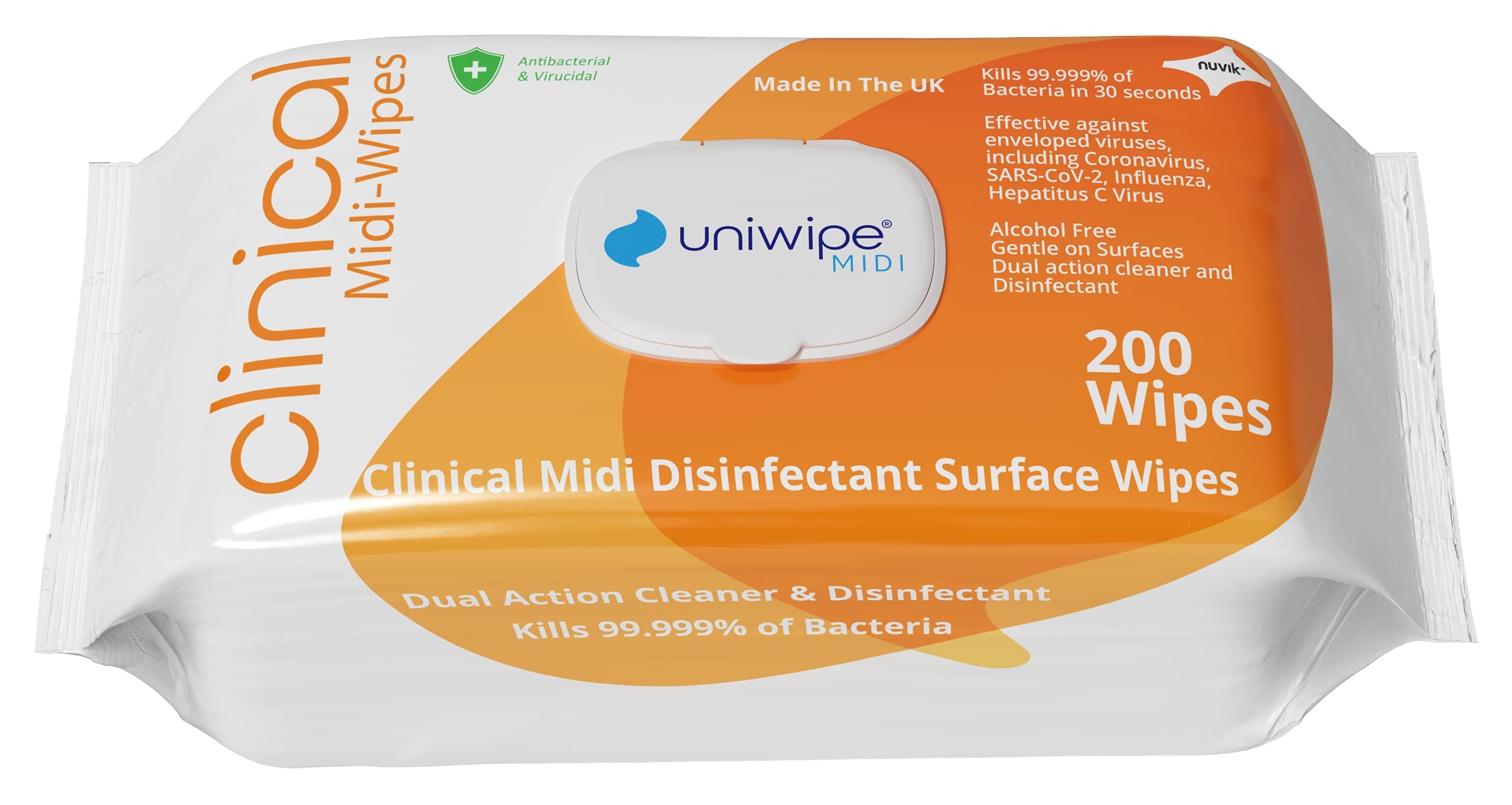 Clinical Midi-Wipes, Antibacterial, Sanitising, Kills 99.999% of Germs, 200 Count