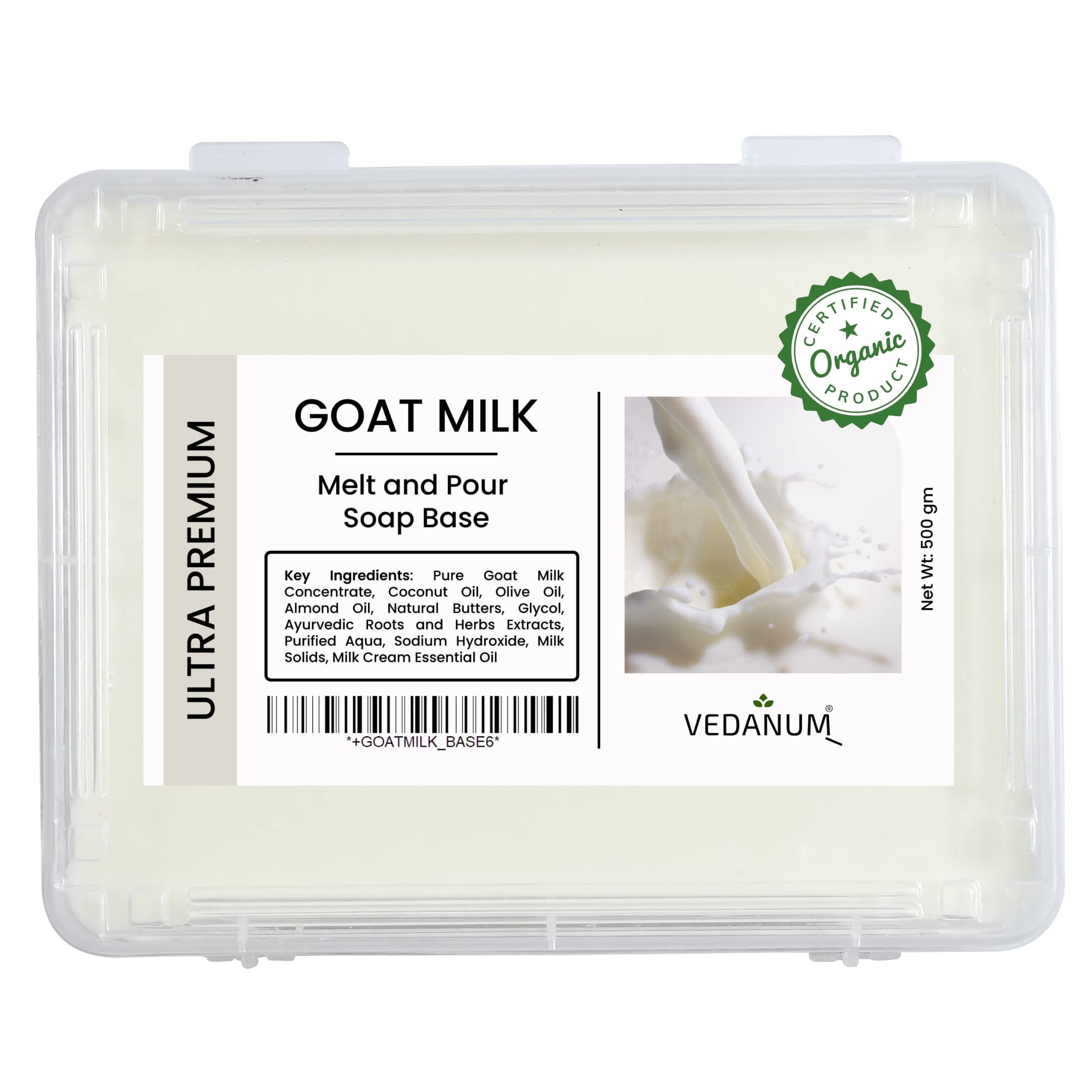 Vedanum Melt and Pour Soap Base Goat Milk Ultra Premium 500 g Pack of 1 SLES SLS Paraben Free Organic Vegan Ingredients Pure & Lab Tested
