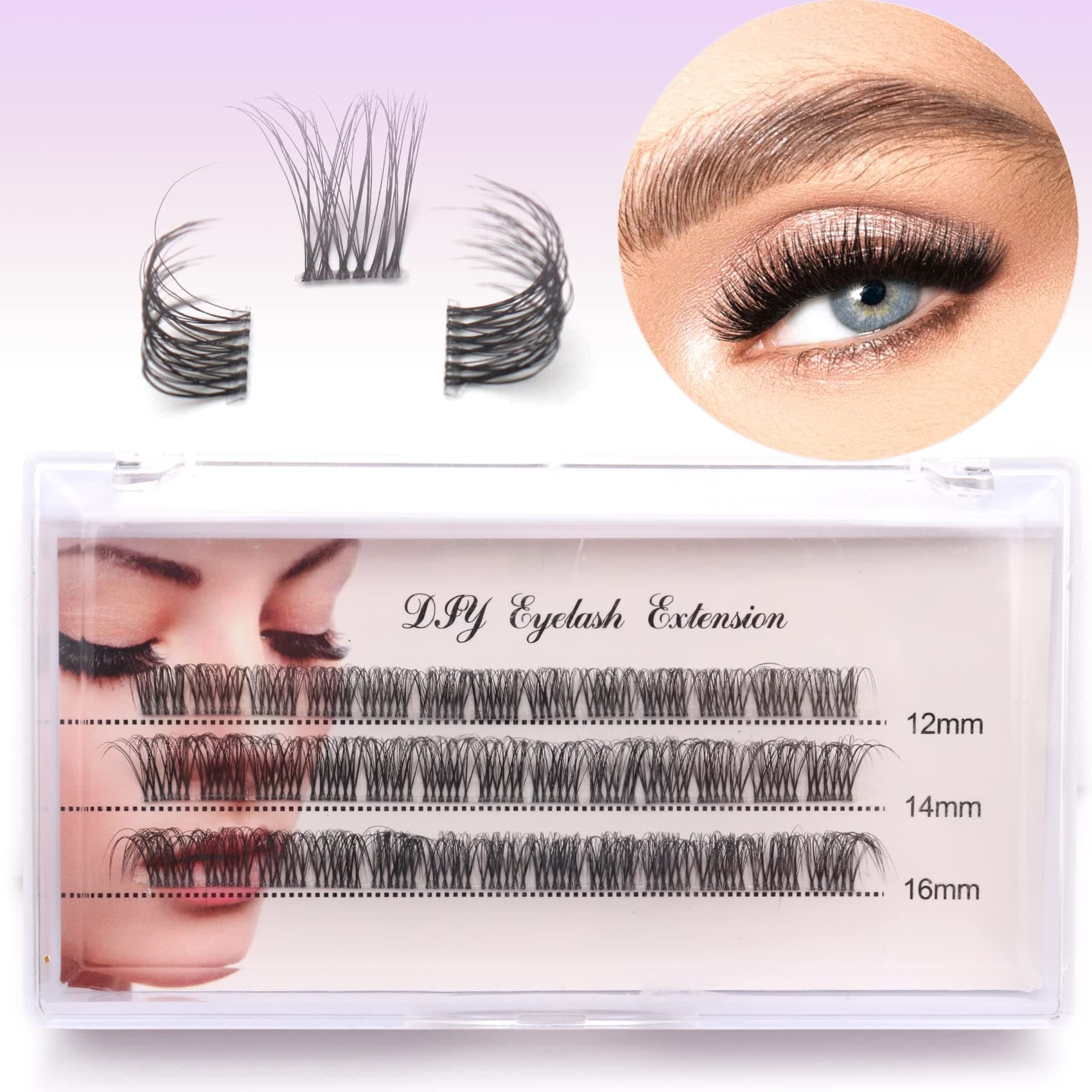 VeleashaDIY Eyelash Extension Individual Lashes with Clear Band D Curl Lash Extension Strip 39 Clusters Reusable Wispy False Eyelashes for Personal DIY at Home / FD02 12-16MM
