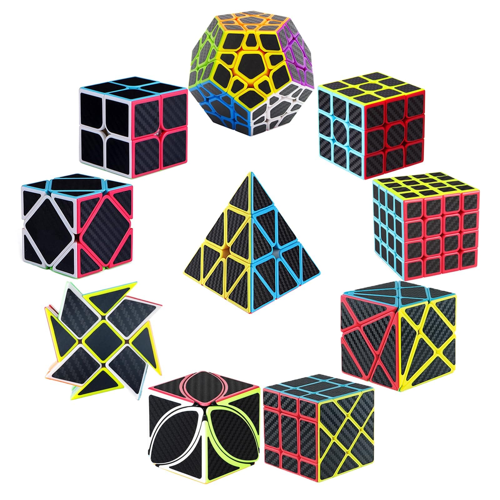 Roxenda Speed Cube Set of 10 - 2x2 3x3 4x4 Skew Ivy Axis Fisher Megaminx Pyramid and Windmill - Carbon Fiber Sticker Magic Collection, Educational Toys for Children and Adults