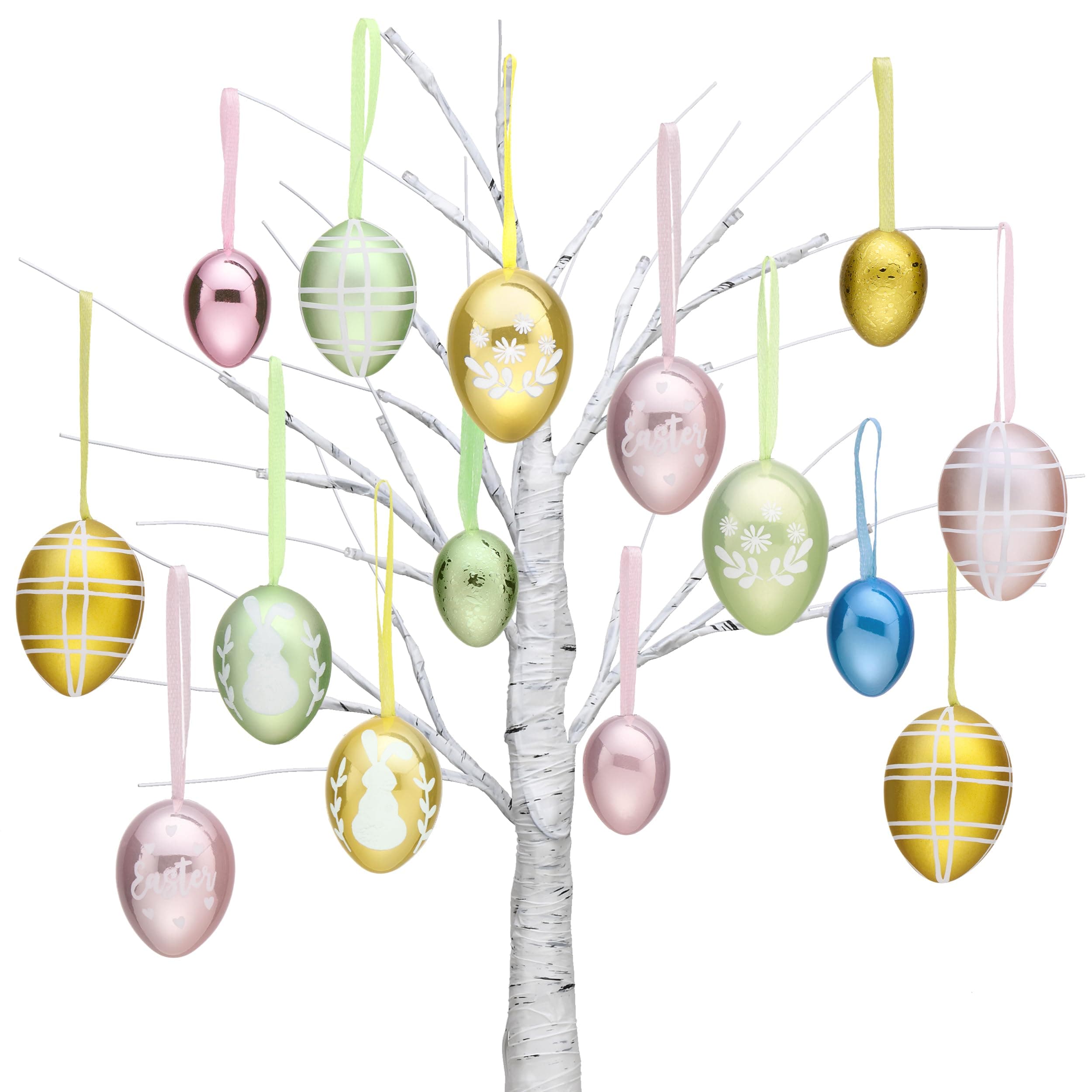 Valery Madelyn 26Pcs Easter Eggs Tree Ornaments, Medium Pastel Pink Green Plastic Easter Eggs Bulk Tree Decorations, 1.2"-2" Electroplating Shatterproof Decorative Hanging Eggs Decor