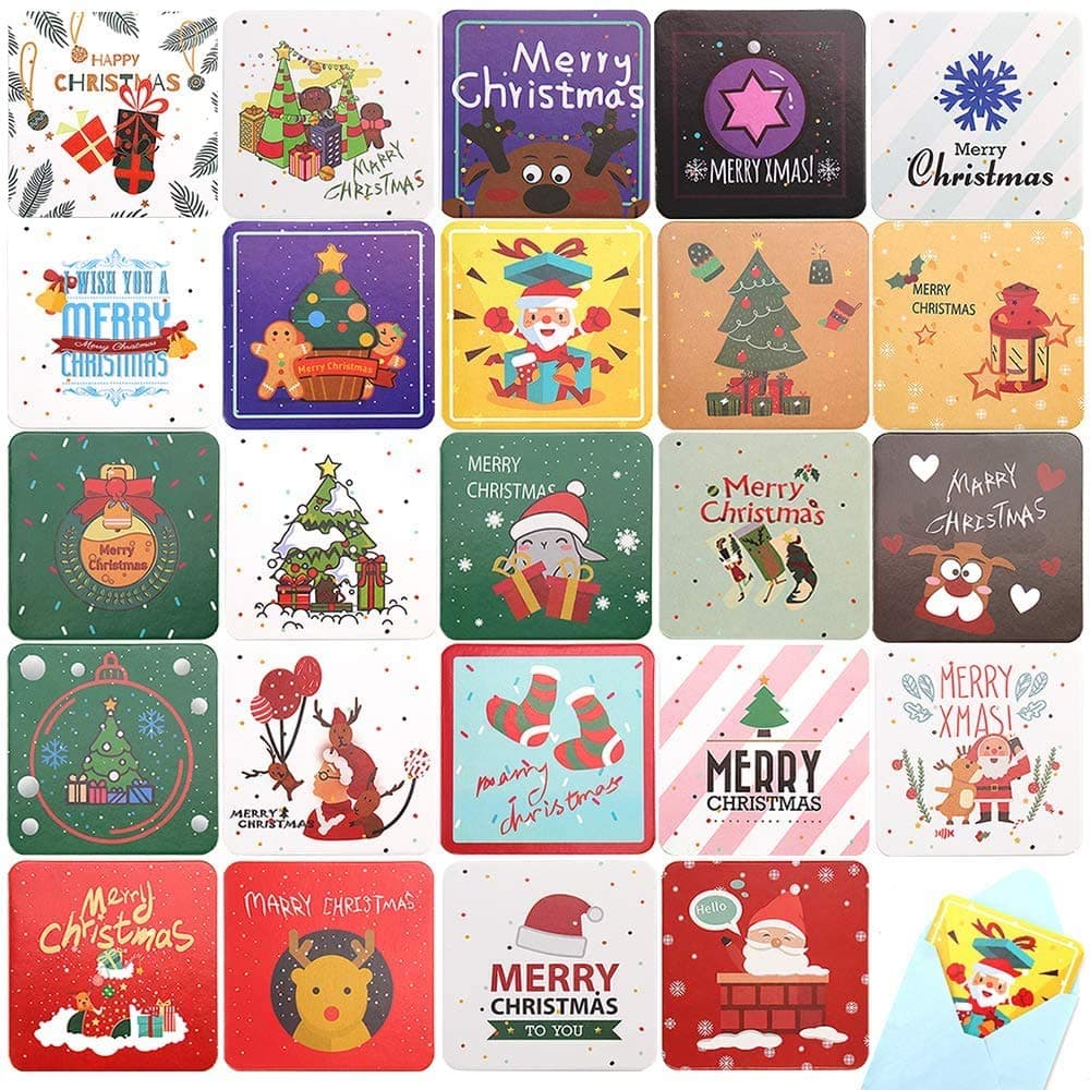 24 Pcs Mini Christmas Cards with Envelopes, Merry Christmas Greeting Cards Assorted Holiday Xmas Blank Cards in 24 Unique Designs, 2.7X 2.7 Inches