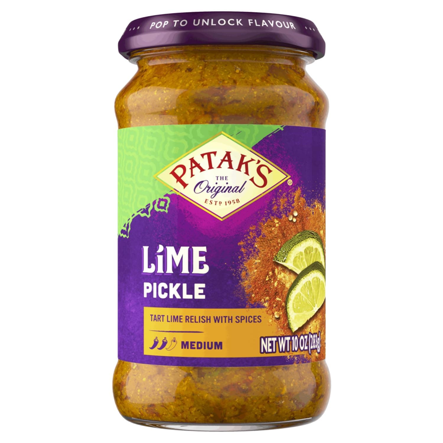 Patak’s Medium Lime Pickle - Authentic Indian Pickle Relish w/Lime Dices, Mustard Seeds & Aromatic Spices - Perfect for Sandwiches, Curries & Cold Meats - Indian Pickle - 10oz Jar (Pack of 1)