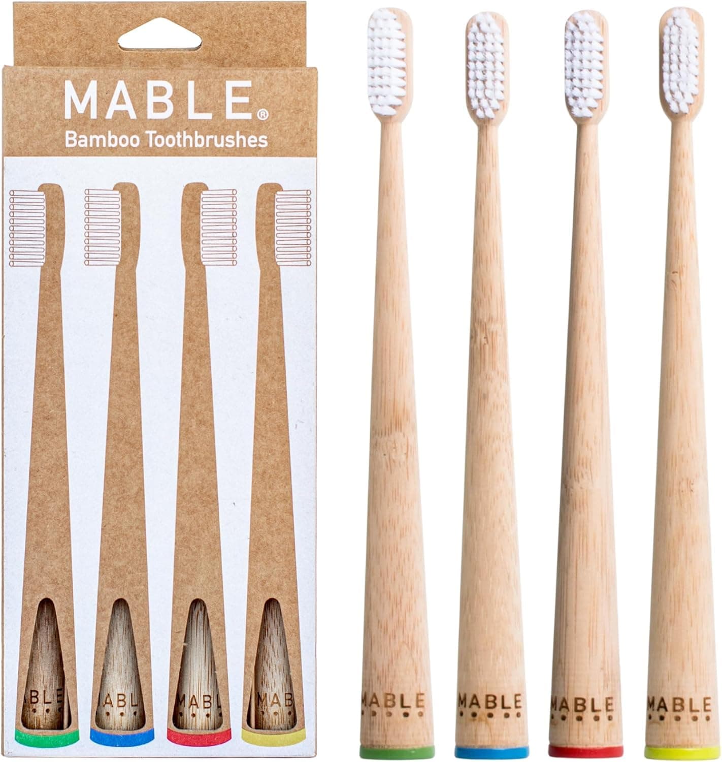 MABLE Four Pack Bamboo Toothbrush for Adult | Medium Bristle Natural Wood Toothbrushes | Eco-Friendly, BPA Free, Compostable Tooth Brush