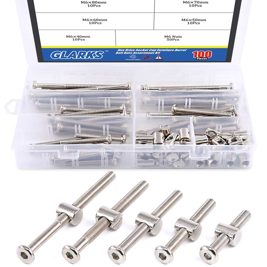 Glarks 100Pcs M6 x 40mm/50mm/60mm/70mm/80mm Hex Drive Socket Cap Furniture Barrel Screws Bolt Nuts Assortment Kit for Furniture, Cots, Babybeds, Crib, Chairs - Nickel Plated