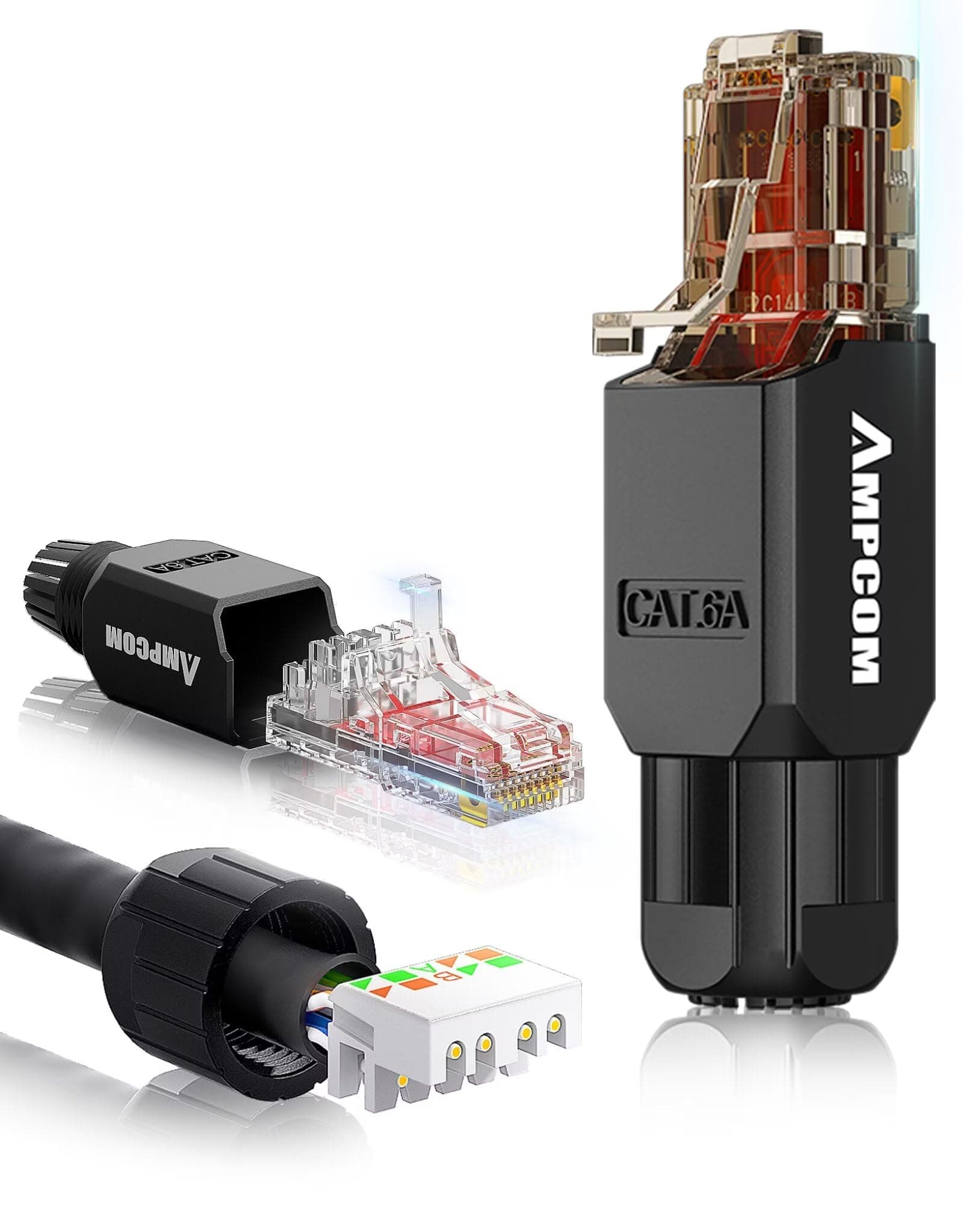 AMPCOM Cat6A Tool Free RJ45 Connector UTP Field Termination Modular Plug for 23-26 AWG Unshielded Ethernet Cable (Black, 6 Pack)