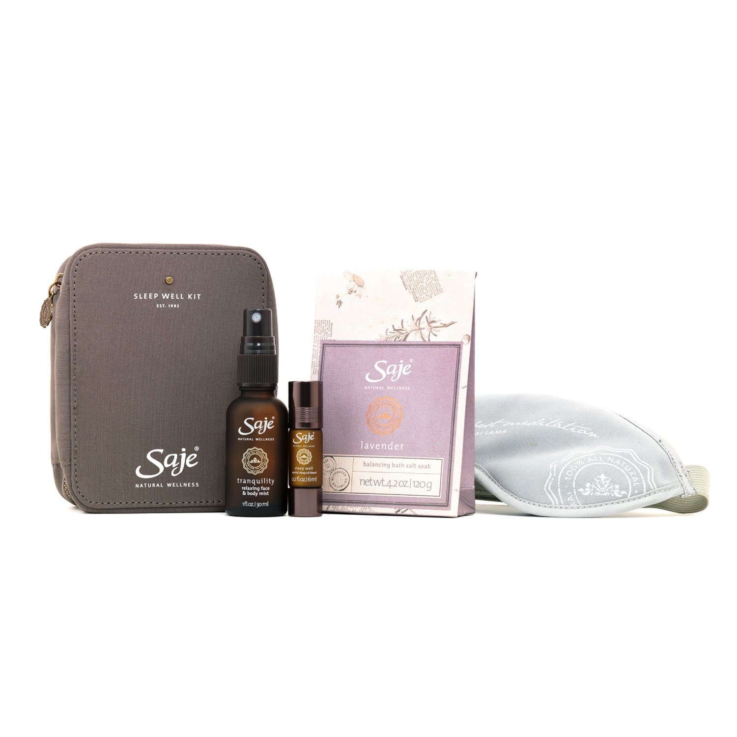 Saje Sleep Well Set, Encourages a Resftul Sleep, Sleep Well Essential Oil Blend (0.2 fl oz), Tranquility Mist (1 fl oz), Lavender Bath Salts (4.2 oz), Shut Eye Herbal Eyeshade, 100% Natural