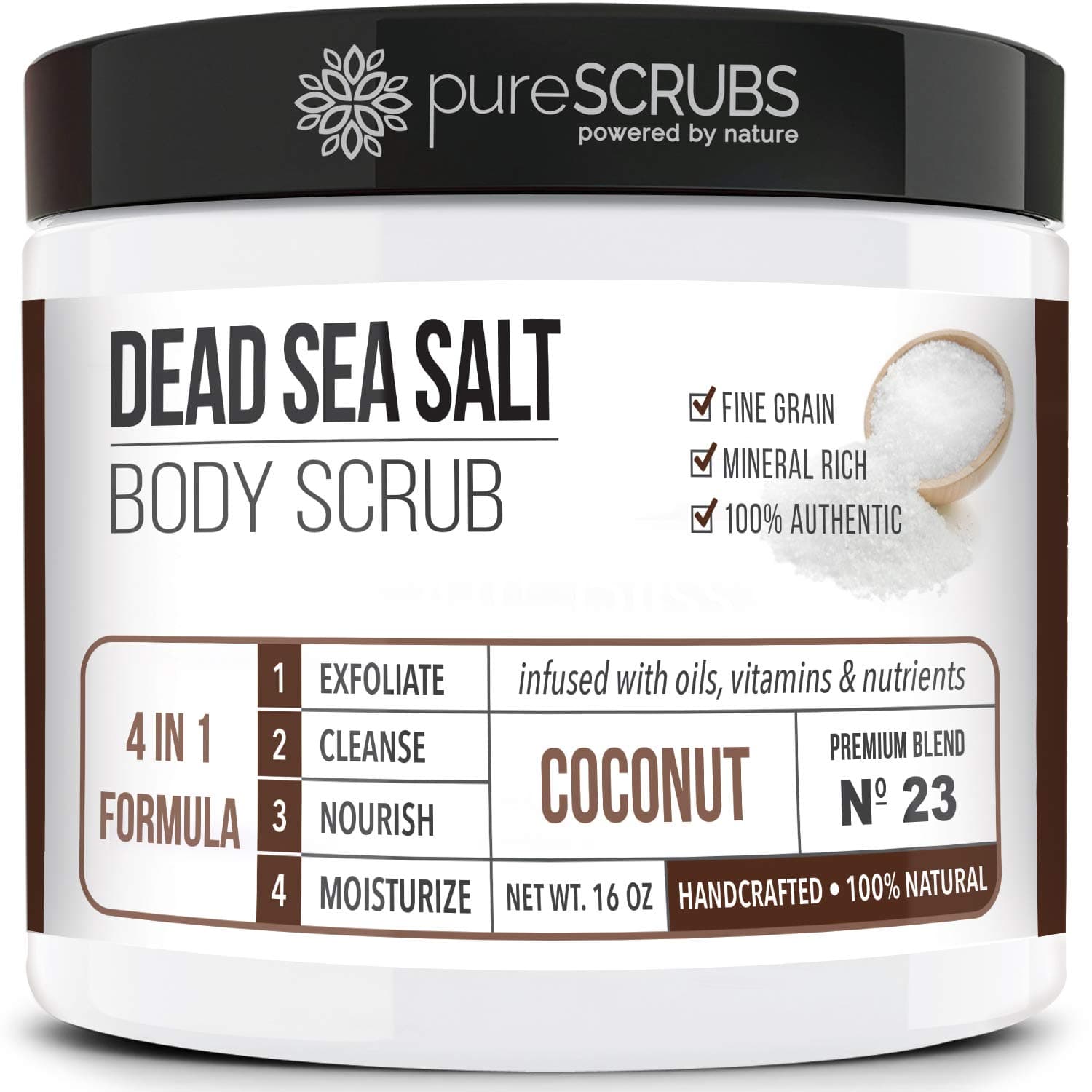 Premium Coconut Body Scrub Set - Large 16oz Dead Sea Salt Body Scrub With Infused Essential Oils & Nutrients, Includes Wooden Spoon, Loofah & Oatmeal Exfoliating Bar Soap