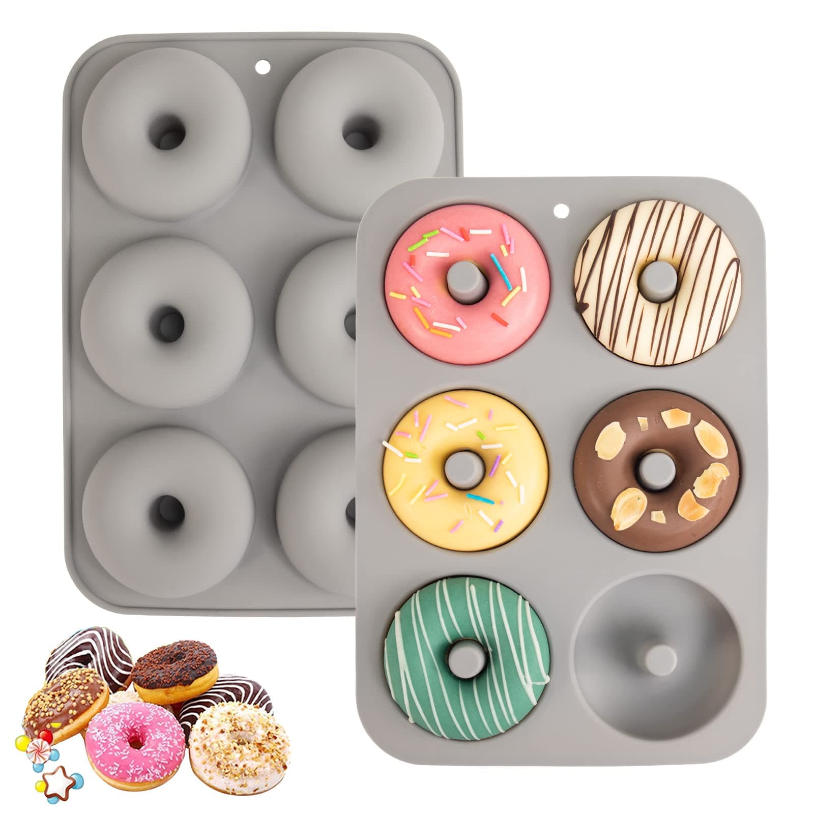 Aichoof Silicone Donut Mould Trays for 6 Doughnuts, Set of 2. Food Grade LFGB Silicone Bagels Baking Pan, Non-Stick, Dishwasher Safe, Heat Resistant and Microwave Safe(Grey)
