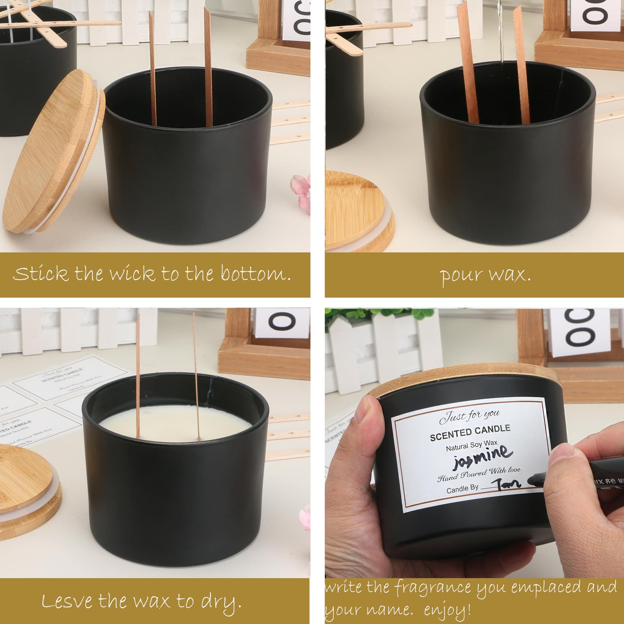 MILIVIXAY 6 Pack 16 oz Candle Jars with Bamboo Lids and Candle Making Kits - 3 Wick Candle Jars,Bulk Empty Matte Black Thick Glass Candle Jars for Making Large Candles - Spice, Powder Containers.