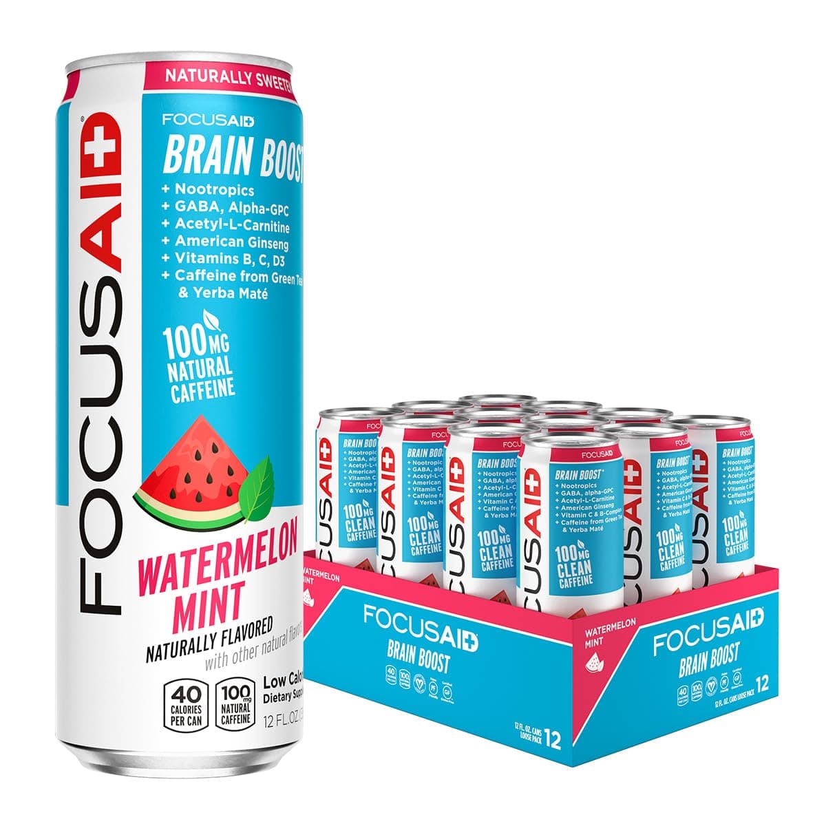FOCUSAID Energy Drink, Brain Boost, Juicy Watermelon, Nootropics, Alpha-GPC, GABA, B-Complex, 100mg Caffeine, Yerba Mate, Green Tea, 100% Clean, No Artificial Sweeteners, 12 Oz(Pack of 12)