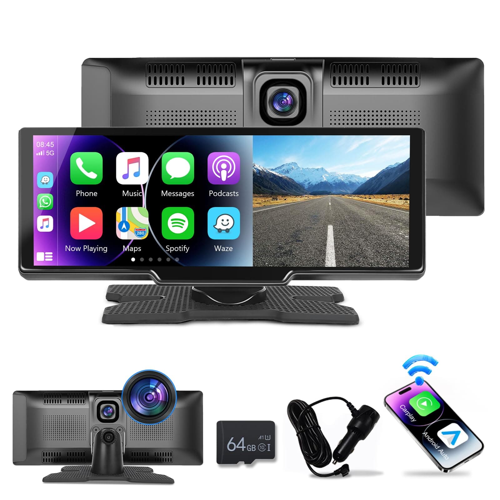 podofo Portable Wireless Apple Carplay Car Stereo, 9.3 HD IPS Touchscreen Car Radio Support Bluetooth/Maps Navigation/Wireless Android Auto/AUX/TF,Built in Front View Camera,Loop Recording