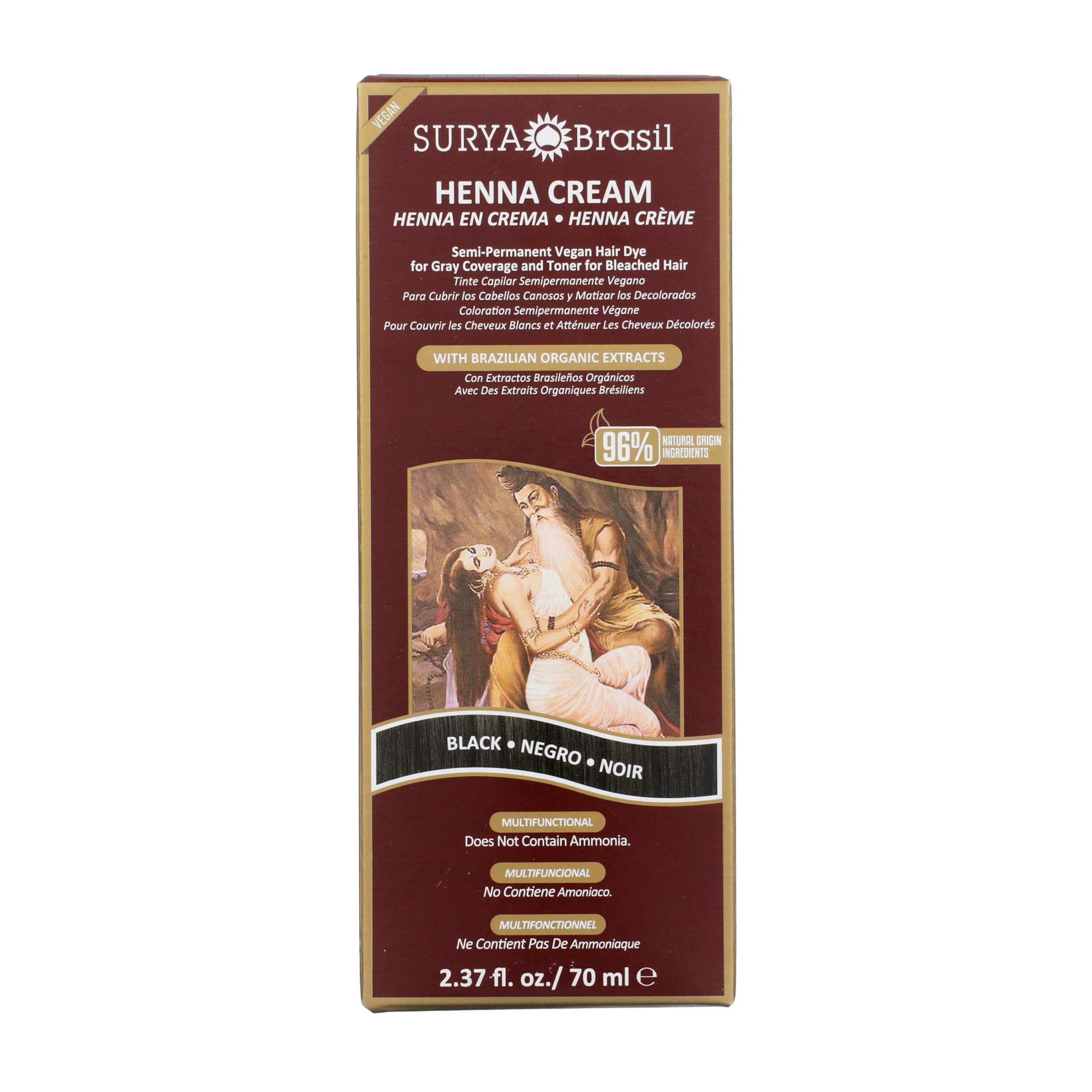Surya Brasil Henna Cream Black - 96% Natural Ingredients, Vegan, Cruelty-Free, Eco-Friendly, Semi-Permanent Hair Color, Deep Hydration & Shine, 2.37 oz