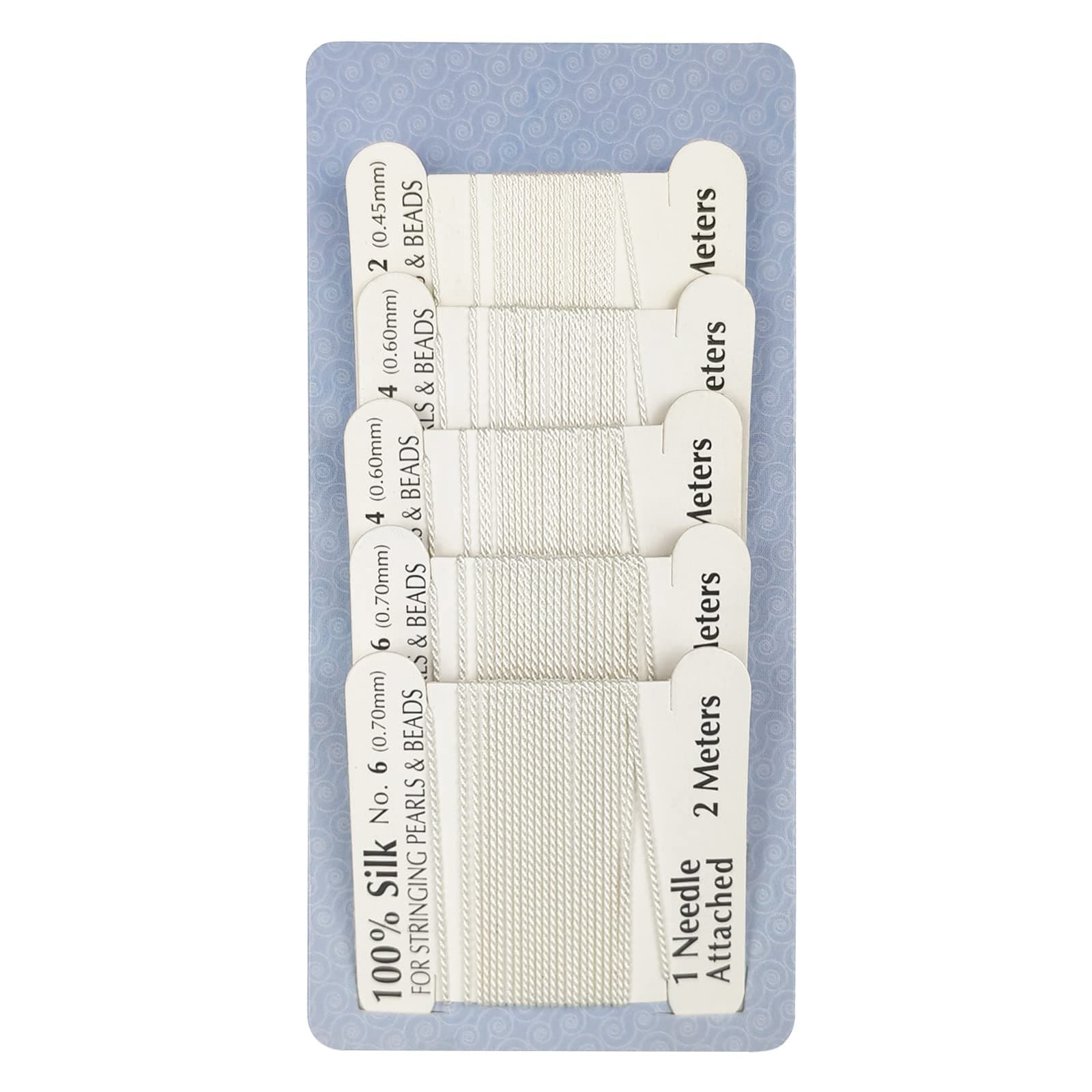 The Hobbyworker 5pcs Silk Beading Cord Thread and Needles Size2/4/6 White for Knotting Pearl,Crystals,Gemstones and Beads