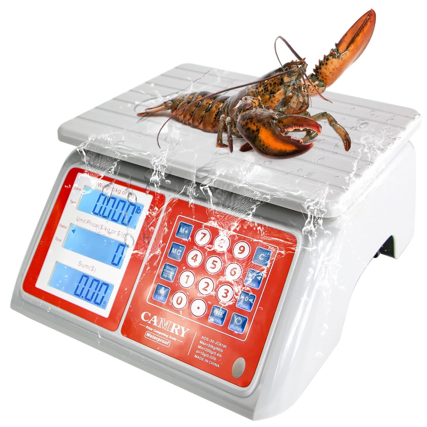 CAMRY Waterproof Commercial Food Scale IPX7 66lb / 30kg Digital Price Computing Meat Produce Weight Scale with White Backlight LCD for Farmers Market, Seafood, Rechargeable