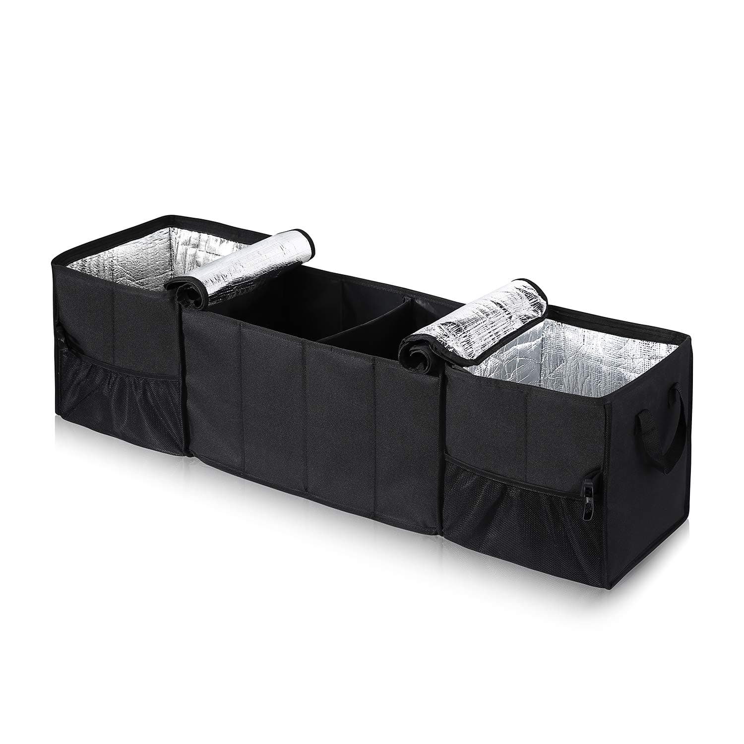 Car Trunk Organizer with 2 Insulated Cooler Bags for Hot/Cold Food While Traveling Shopping Outdoor Picnic - Large Collapsible Car Organizers and Storage Box with Net Pockets for SUV Groceries (Black)