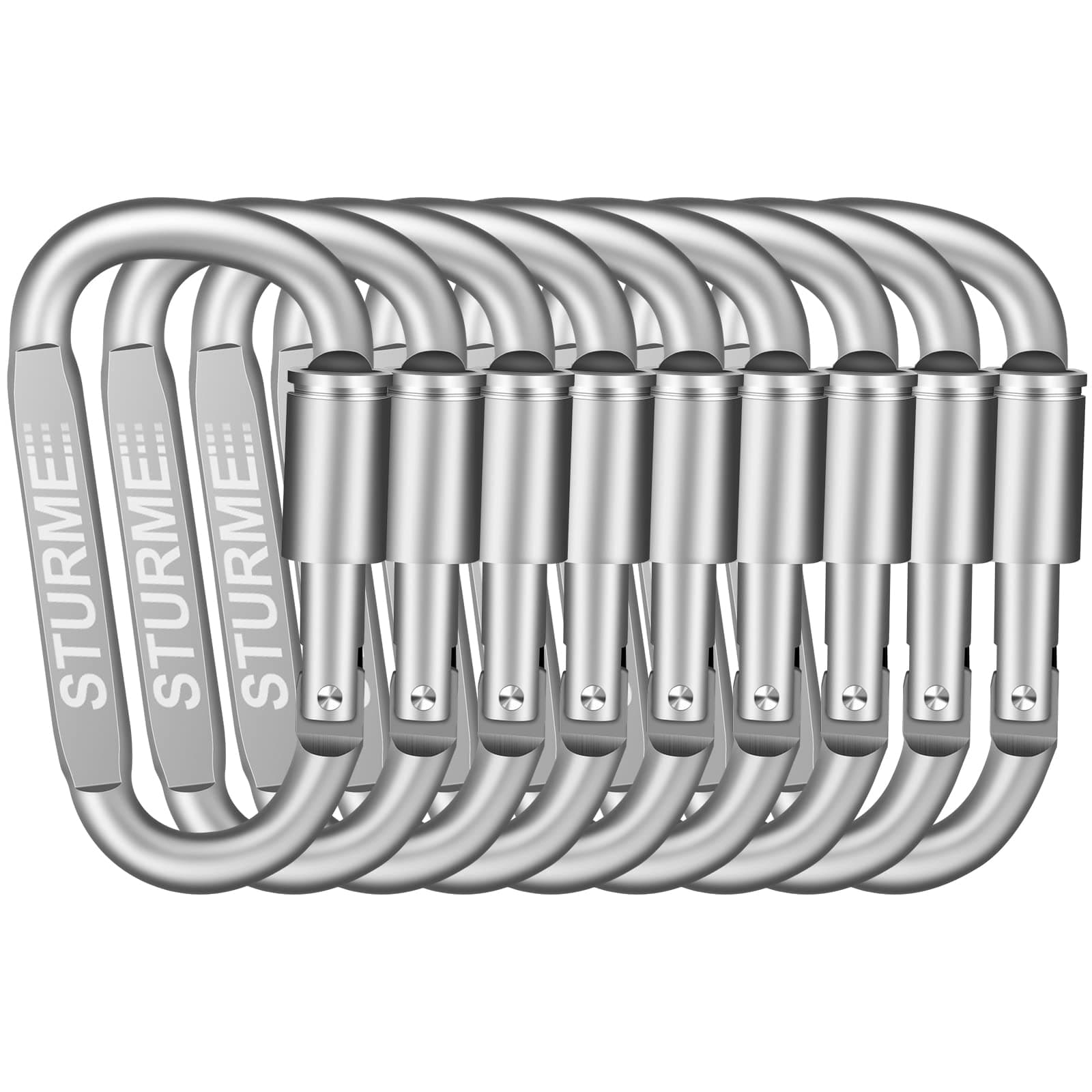 STURME Carabiner Clip Aluminum D-Ring Locking Durable Strong and Light Large Carabiners Clip Set for Outdoor Camping Screw Gate Lock Hooks Spring Link Improved Design Pack (9 Pack)