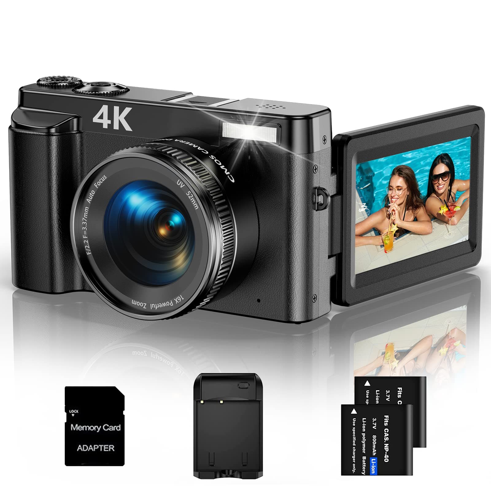 KVUTCIEIN 4K Digital Camera Photography Video Autofocus 48MP Vlogging Camera YouTube Compact Camera 16X Digital Zoom Flash 180 Degree 3.0'' Flip Screen,32G SD Card,2 Batteries & Charger DC101 Black
