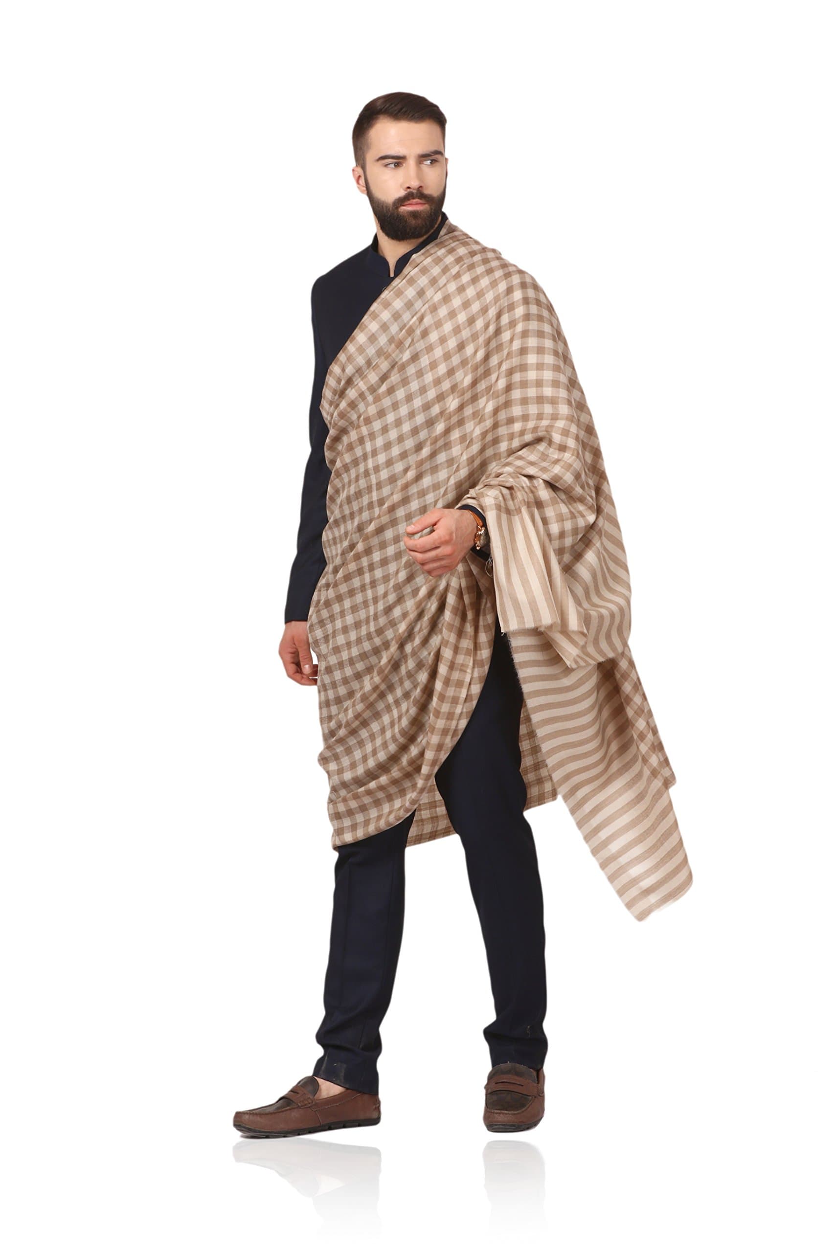 Pashtush Mens Woven Check Design Shawl, Extra-Fine Australian Merino Wool. Light Weight, Soft Wool Handfeel