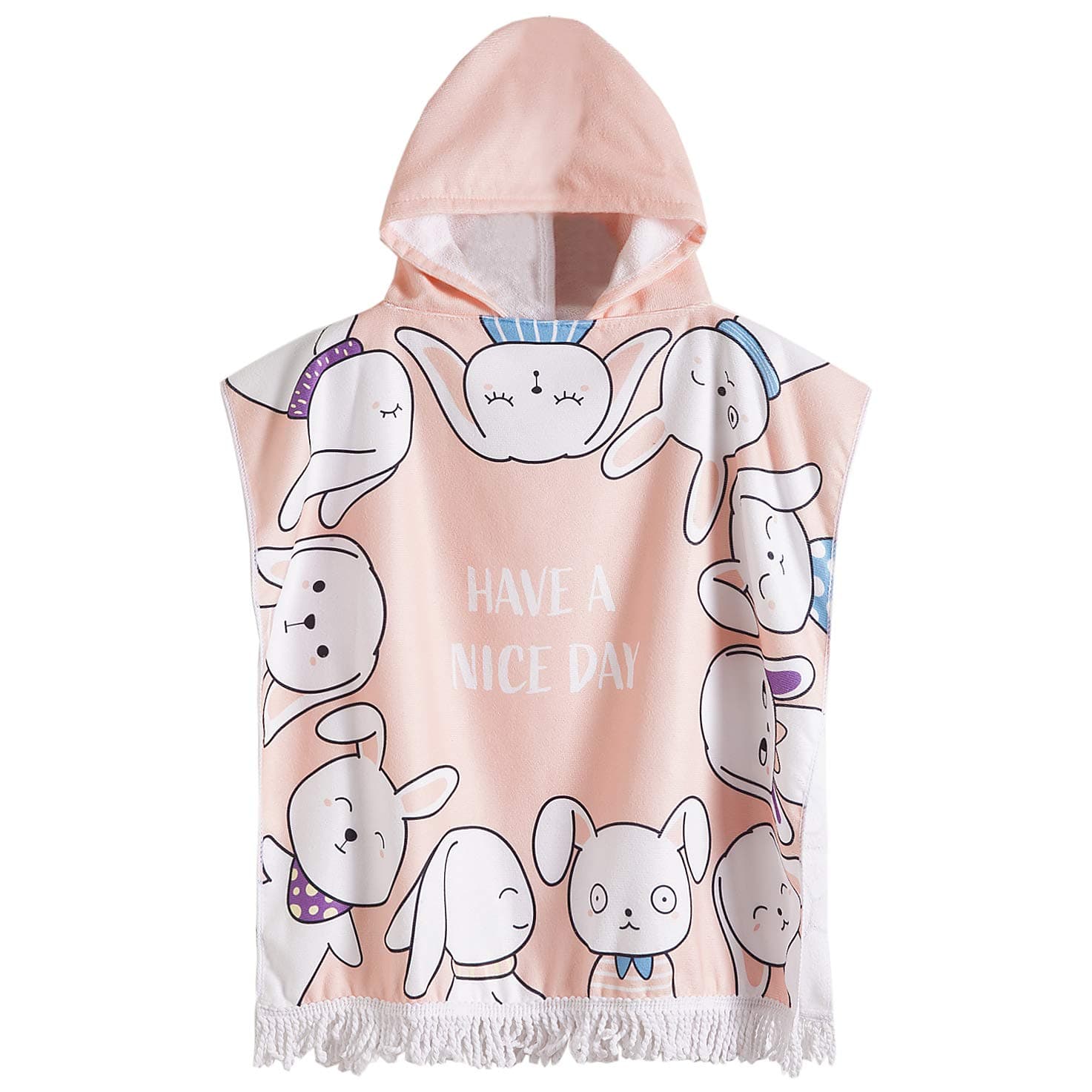 Kids Hooded Beach Bath Towel for Age 2-7 Years - Swim Pool Coverup Poncho Cape Multi-use for Bath/Shower/Pool/Swim 24" x 48"(Expression Rabbit)