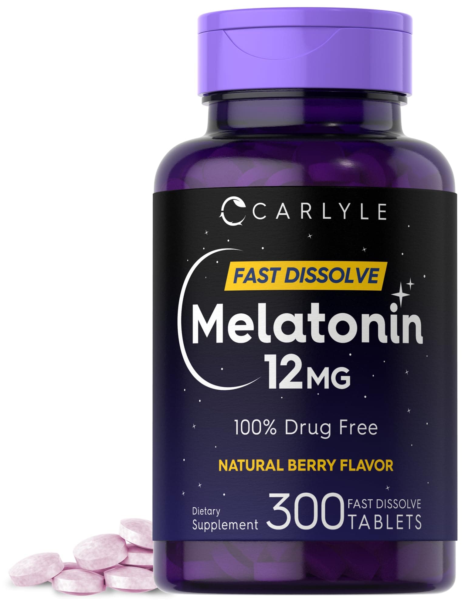 Carlyle Melatonin 12 mg Fast Dissolve 300 Tablets | Drug Free | Natural Berry Flavor | Vegetarian, Non-GMO, Gluten Free