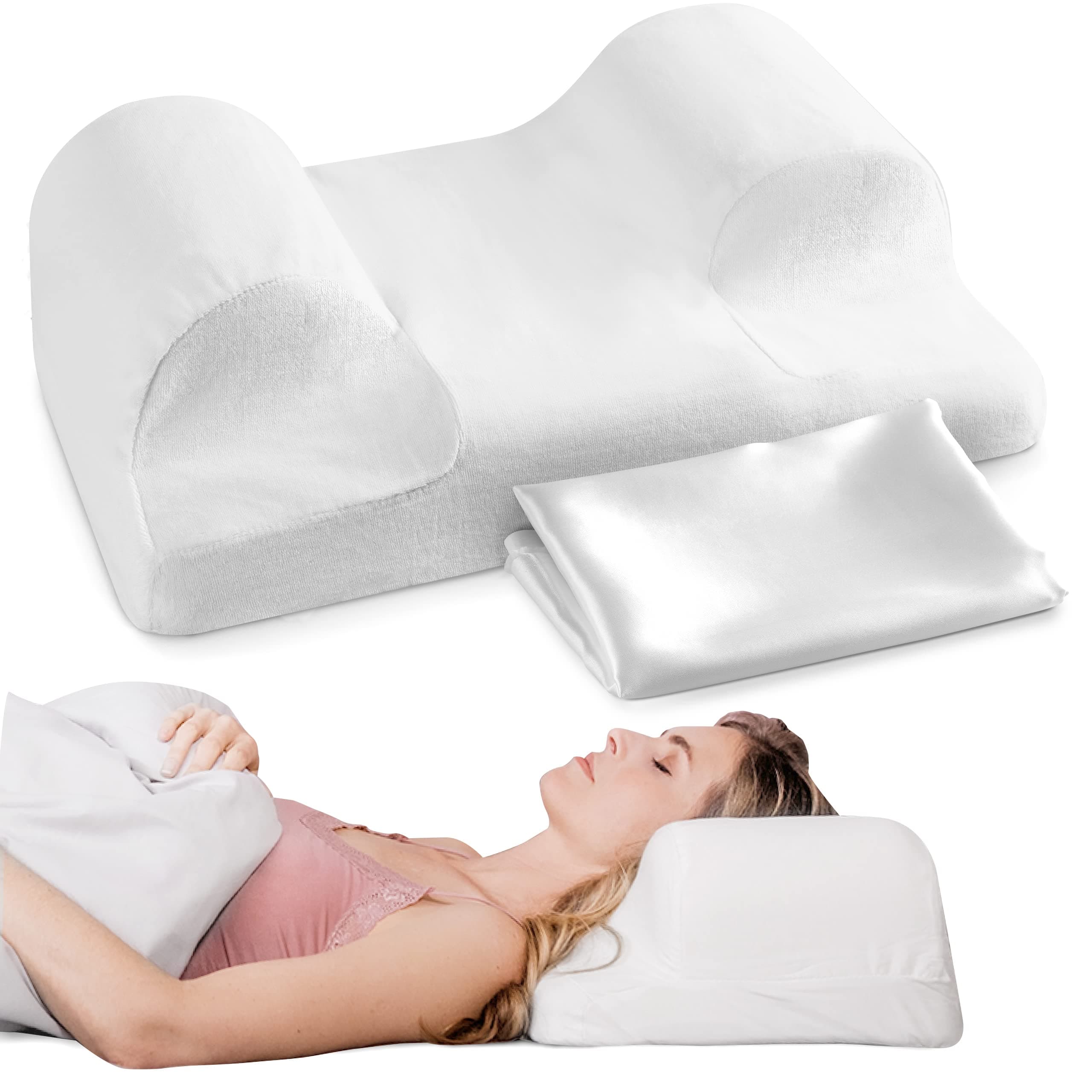 Your Face Pillow-Back Sleeper Beauty Pillow, Cervical Neck Pillow Contour Memory Foam, Ergonomic Neck, Back & Shoulder Support. Back Sleeping Reduces Pressure on Skin - Standard with Satin Case