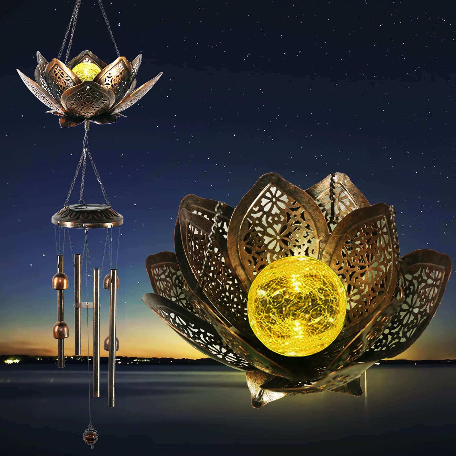 Wind Chimes,Lotus Crackle Glass Ball Solar Wind Chimes with Changing Color LED Light Outside Garden Decor for Spiritual Gifts, Unique Hanging Decor for Mom Grandma Women(41" Deep Tone)