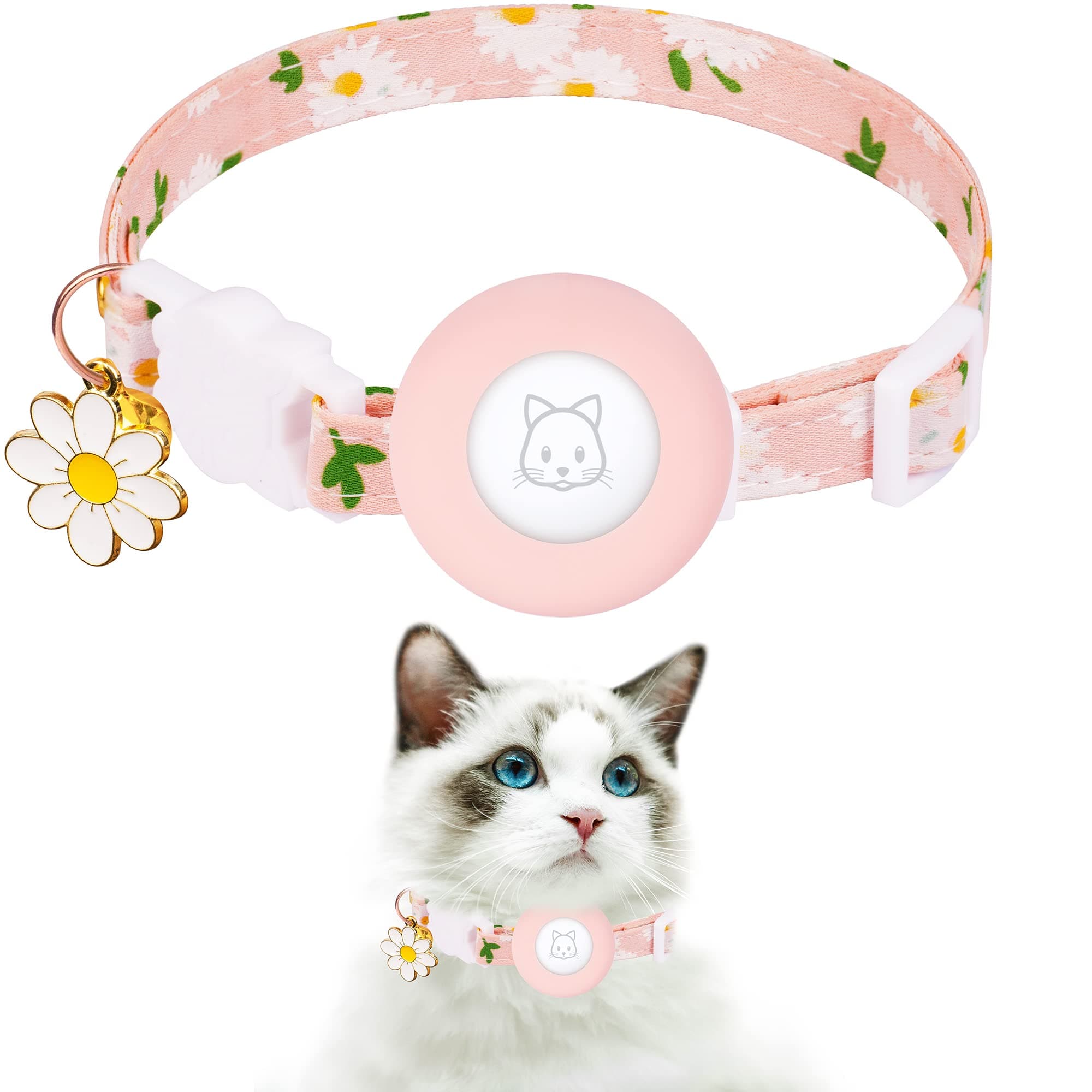 - JXFUKAL Airtag Cat Collar, Kitten Collar Breakaway with Silicone Airtag Holder, Bells & Flower Charm for Girl Cats Boy Cats Small Dogs(Pink), 11.8 x 0.4 inch