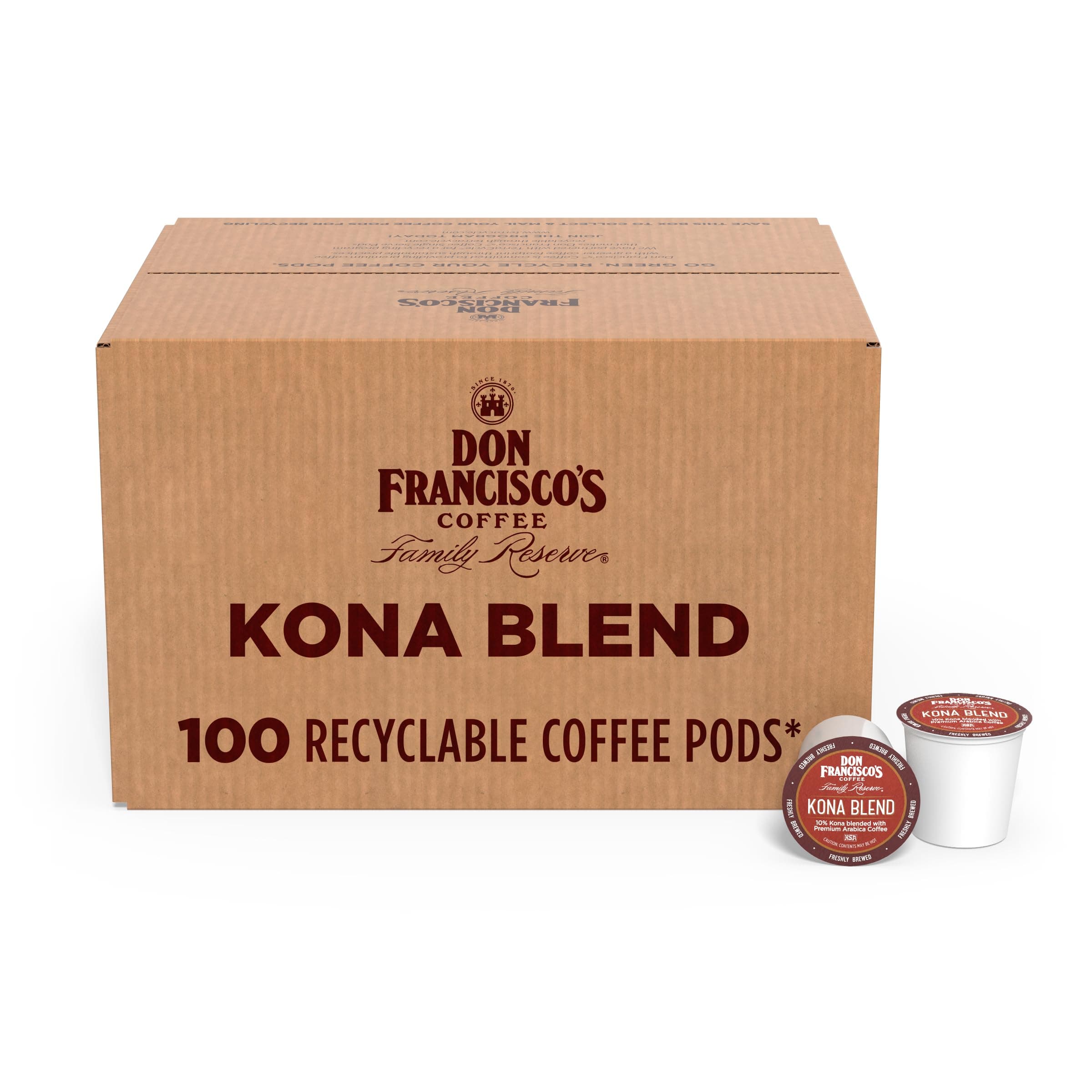 Kona Blend Coffee - 100 K-Cup Compatible Single-Serve Pods - 10% Hawaiian - Recyclable through TerraCycle - Compatible with Keurig Brewers