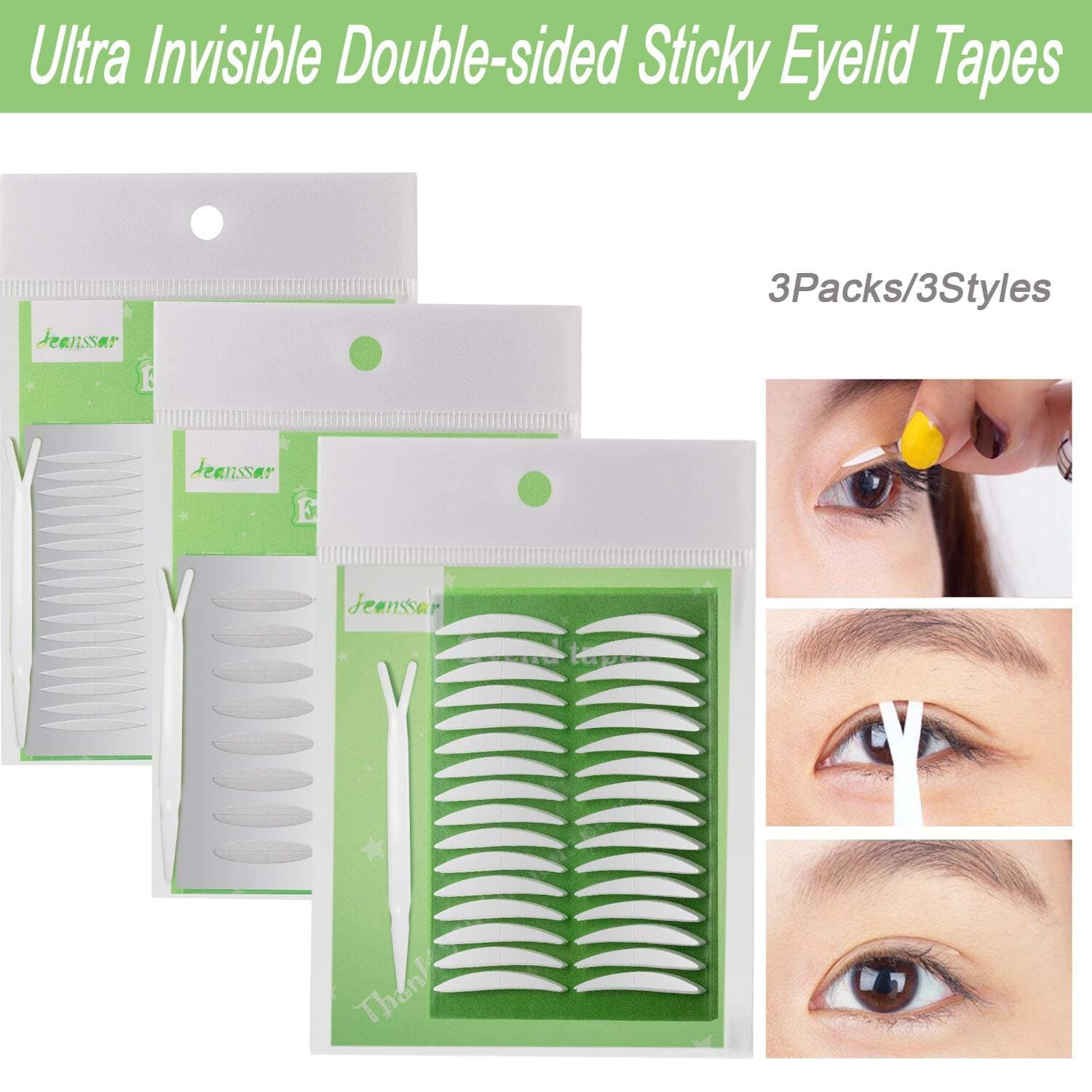 3Packs/3Styles Eyelid Tapes Invisible Double-Sided Sticky Double Stickers, Medical Fiber Eyelid Lift Strip Without Surgery, for Hooded, Droopy, Uneven, Mono-eyelids
