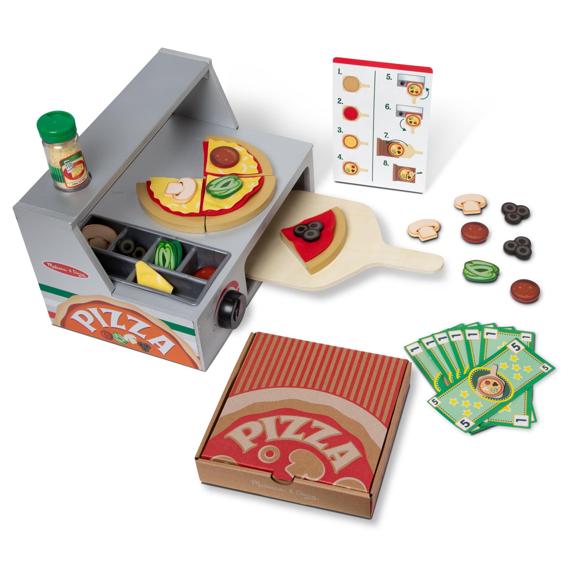 Melissa & Doug Top & Bake Pizza Counter – 34-Piece Wooden Pretend Play Food Set with Toppings, Utensils and Delivery Box – Interactive Pizza Making and Serving Toy for Kids – Ages 3 and Up | MD9465