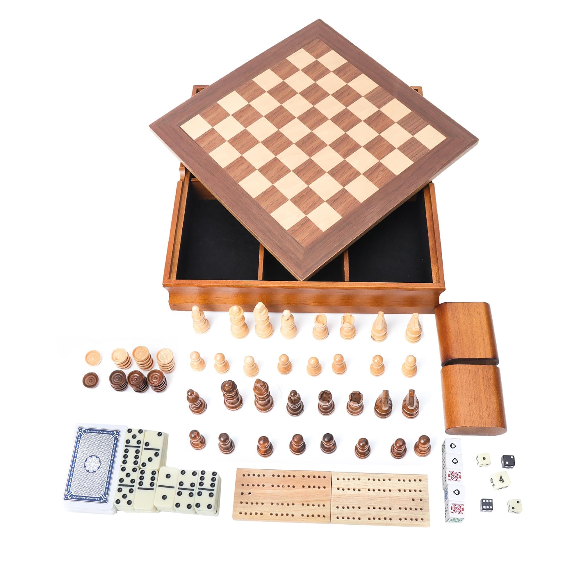 GSE Games & Sports Expert Wooden 7-in-1 Board Game Set - Chess, Checkers, Backgammon, Dominoes, Cribbage Board, Playing Card & Poker Dice Game Combo Set (Old Fashioned)