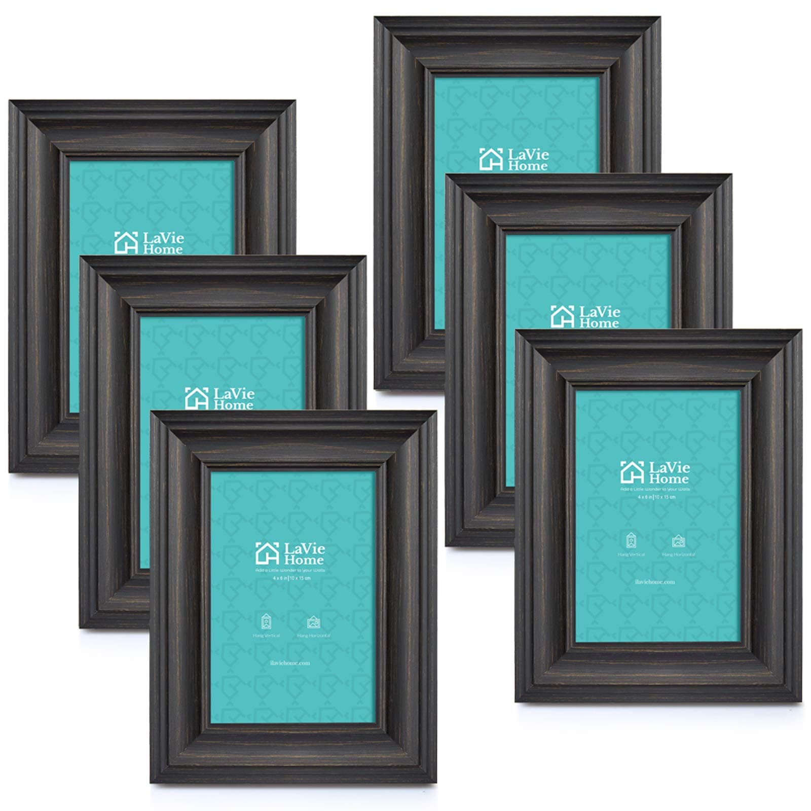 LaVie Home 4x6 Picture Frames (6 Pack, Black Wood Grain) Rustic Photo Frame Set with High Definition Glass for Wall Mount & Table Top Display