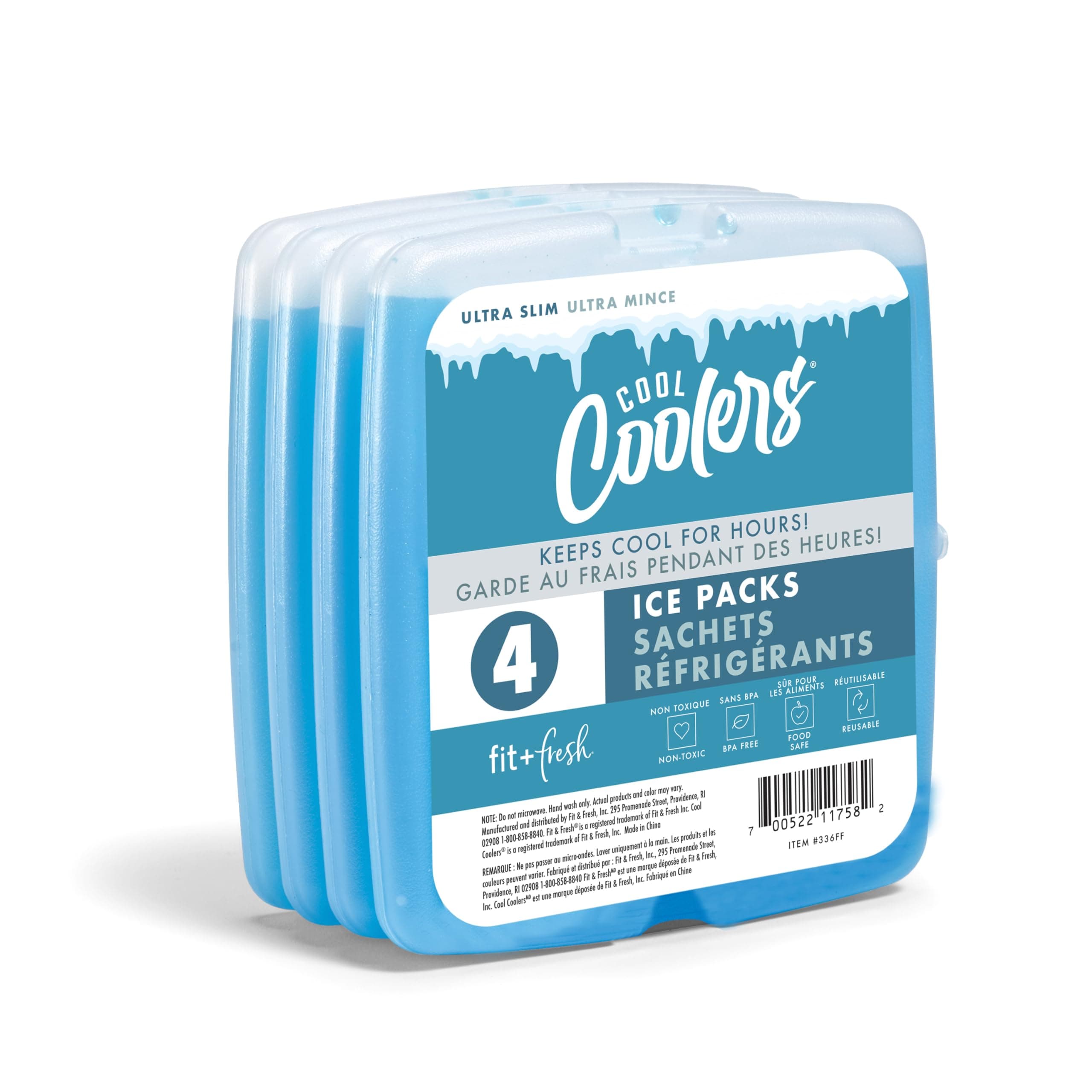 Fit + Fresh Cool Coolers Reusable Long Lasting Slim Ice Packs Perfect for Lunch Boxes, Camping Accessories, Insulated Lunch Bags, Beach Cooler Backpacks and More - Clear Blue - 4 Pack