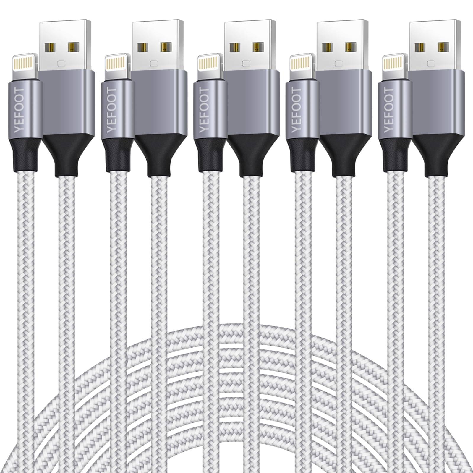 [Apple MFi Certified] 6Pack(3/3/6/6/6/10FT) iPhone Charger Nylon Braided Fast Charging Lightning Cable Compatible iPhone 14Pro/14/13Pro/13/12Pro/12/11and More-Silver&White