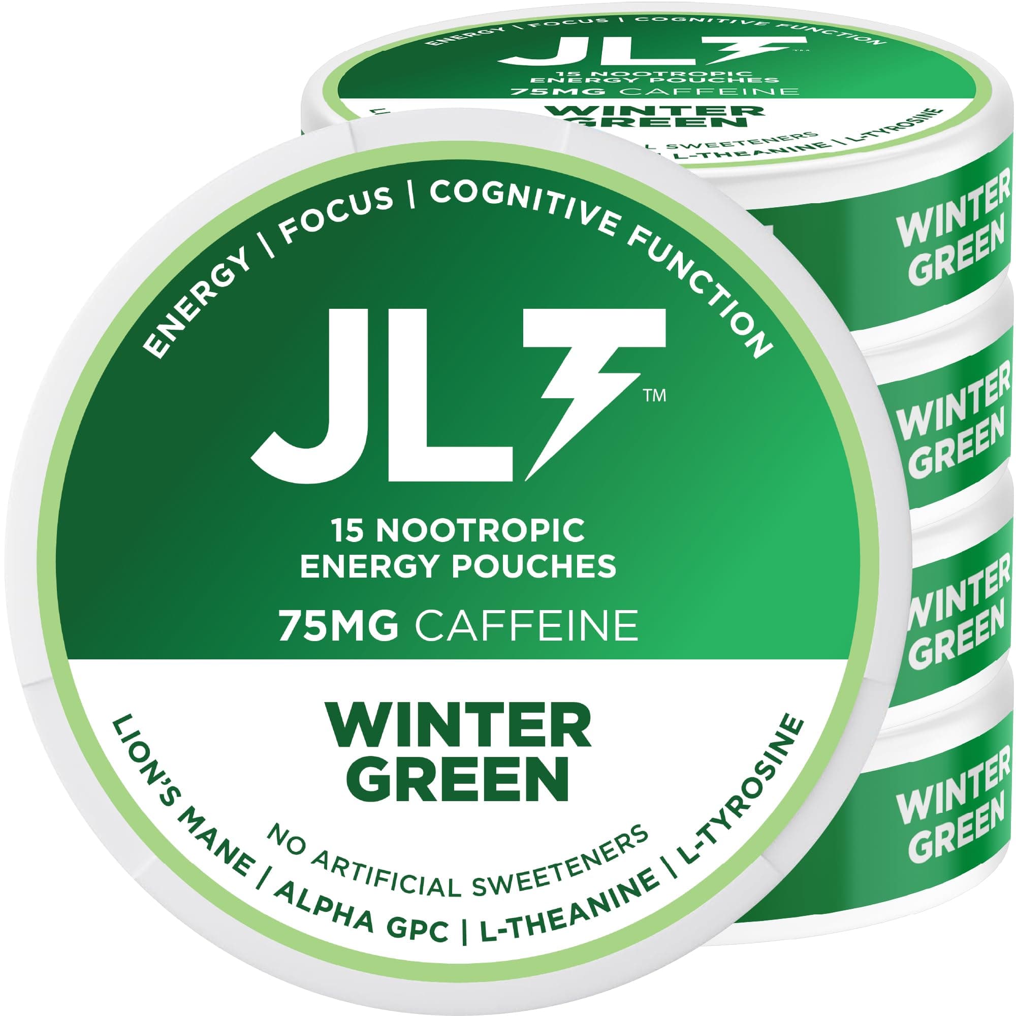 JLT 75 mg Caffeine Nootropic Pouches | Nootropic Energy Pouches with Caffeine, Lion's Mane, Alpha GPC, L-Tyrosine & L-Theanine | No Sugar or Artificial Sweeteners | 15 Pouches Per Can - 5 Pack
