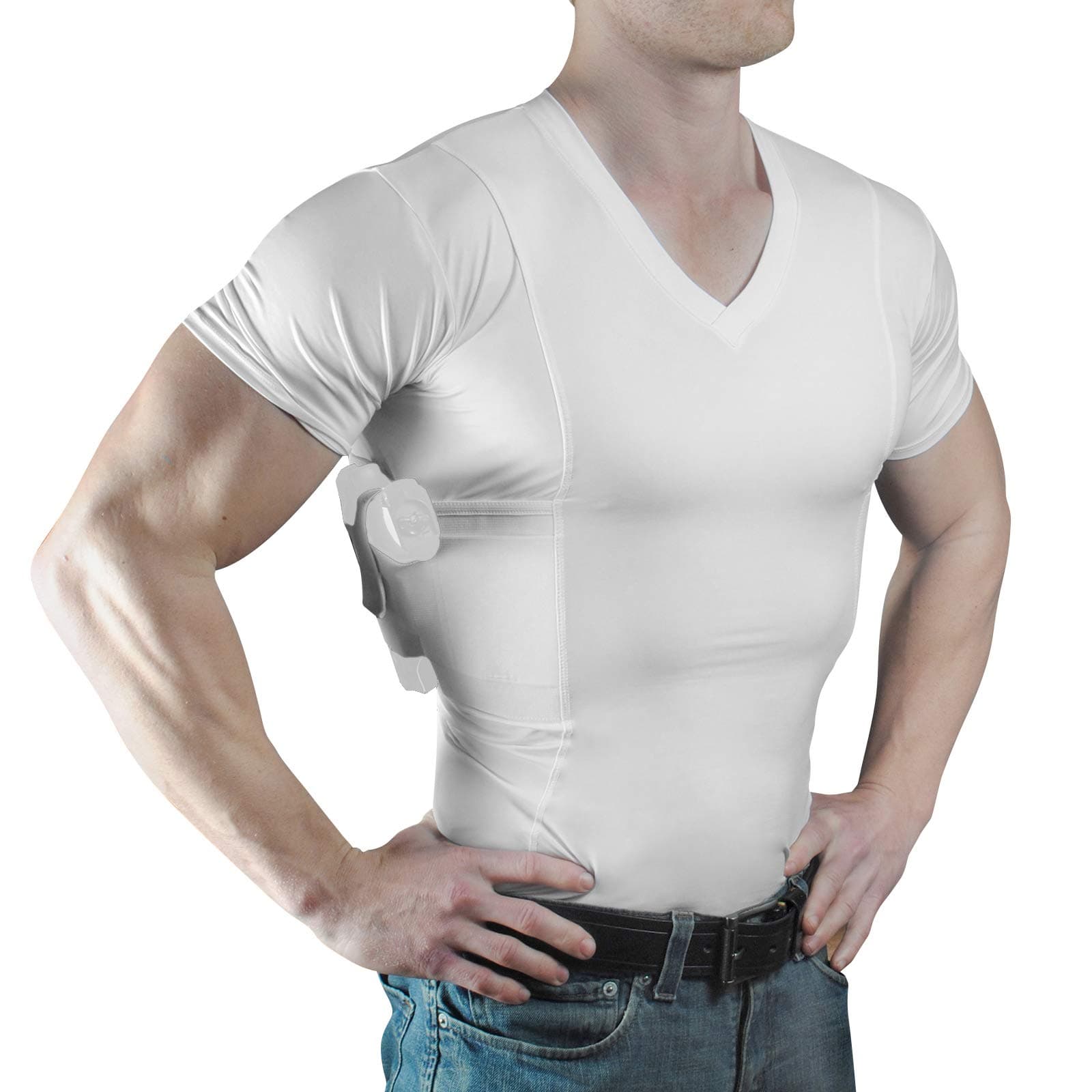 Men’s Pistol Holster Undershirt for CCW Concealed Carry, V- Neck, All-Day-Comfort Easy Breathe Compression Fabric