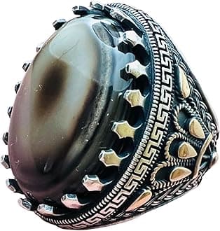 Natural Large Yemen Sulaimani Devil Eye Yemeni Agate Yemen Aqeeq for Ring Natural Yemen Agate Stone 925 Sterling Silver Men's Ring عقیق یمانی (7.5)