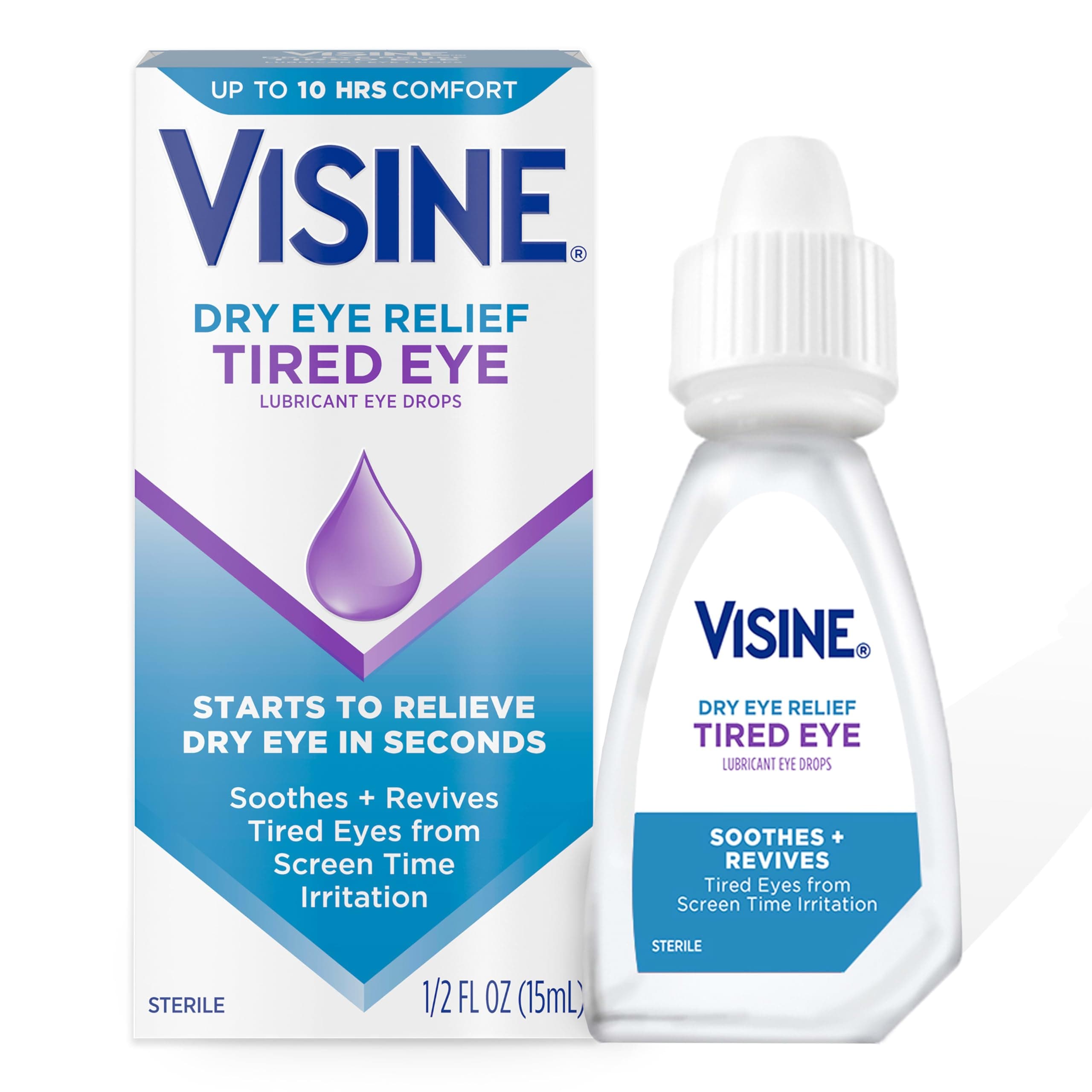 Visine Dry Eye Relief Tired Eye Lubricant Eye Drops, Moisturizing & Soothing Sterile Drops for Irritated, Dry & Tired Eyes Due to Screen Time Irritation, Polyethylene Glycol, 0.5 fl. oz