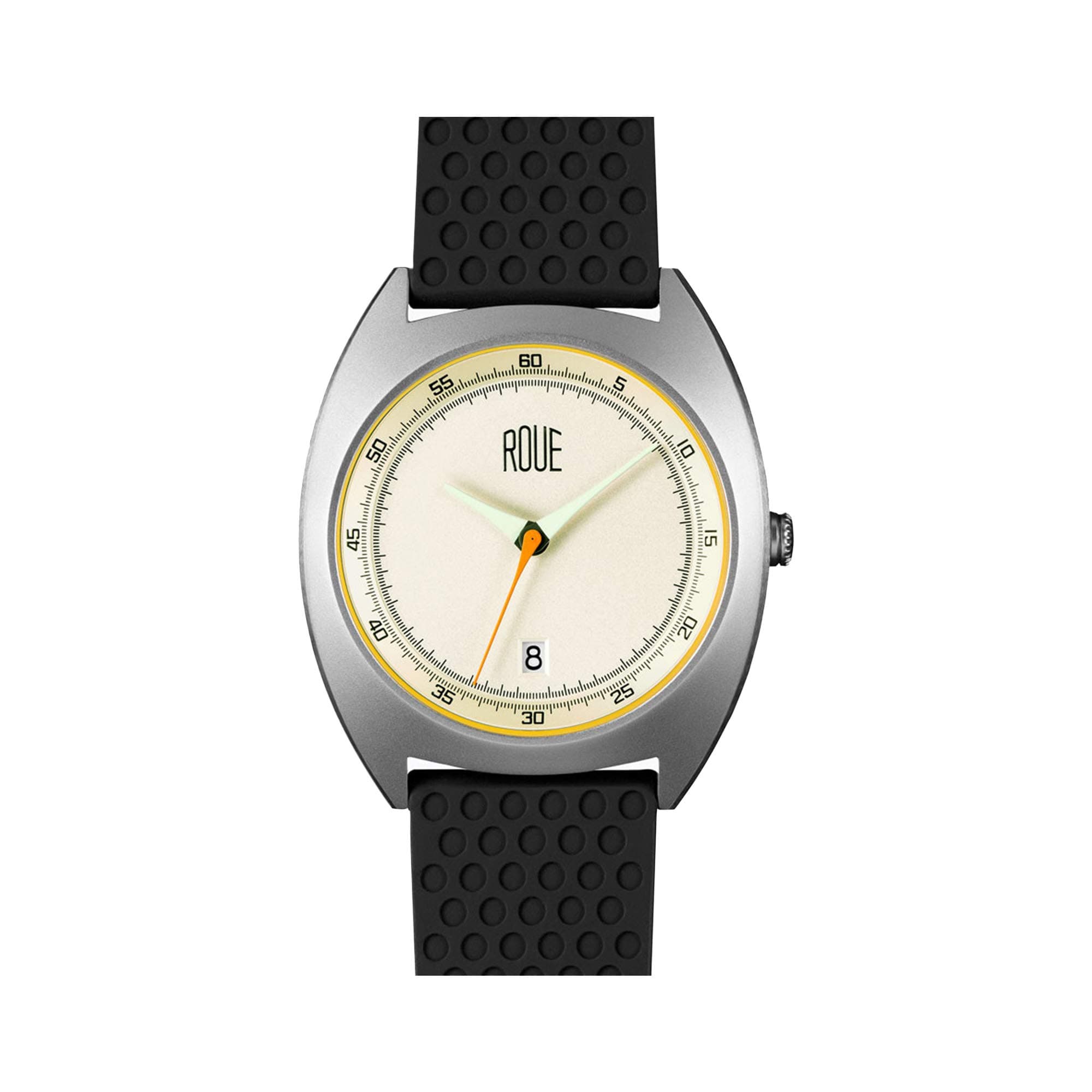 ROUE CAL One Watch, 1930s Racing Style, 41.5mm sand Blasted Stainless Steel case, Silicone + Nylon front/leather back, Sapphire Crystal with anti-reflective treatment glass