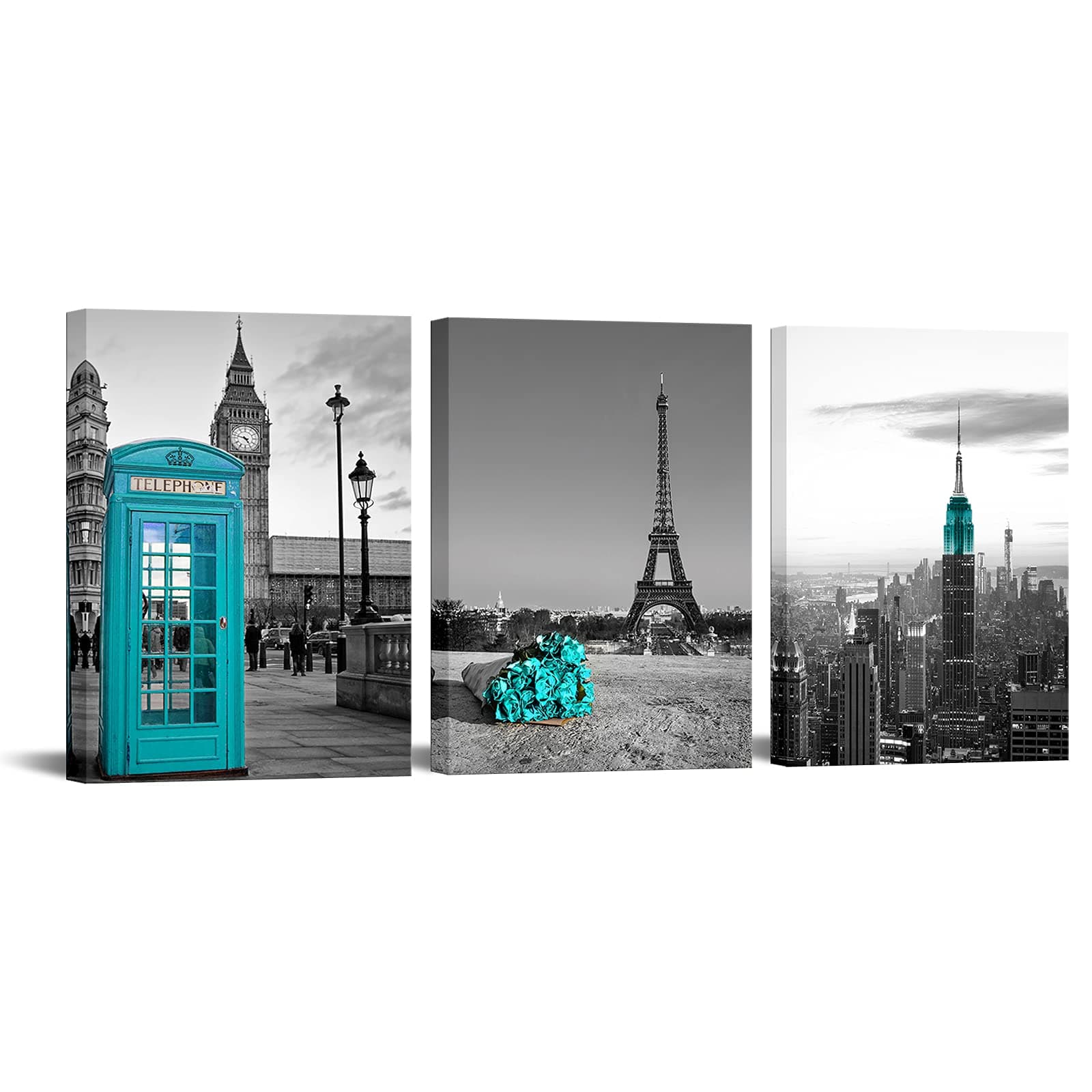 Nachic Wall Black and White Teal Canvas Wall Art Paris Eiffel Tower Turquoise Rose London Telephone Booth Big Ben New York Empire State Building Picture Print on Canvas for Bathroom Bedroom Decor