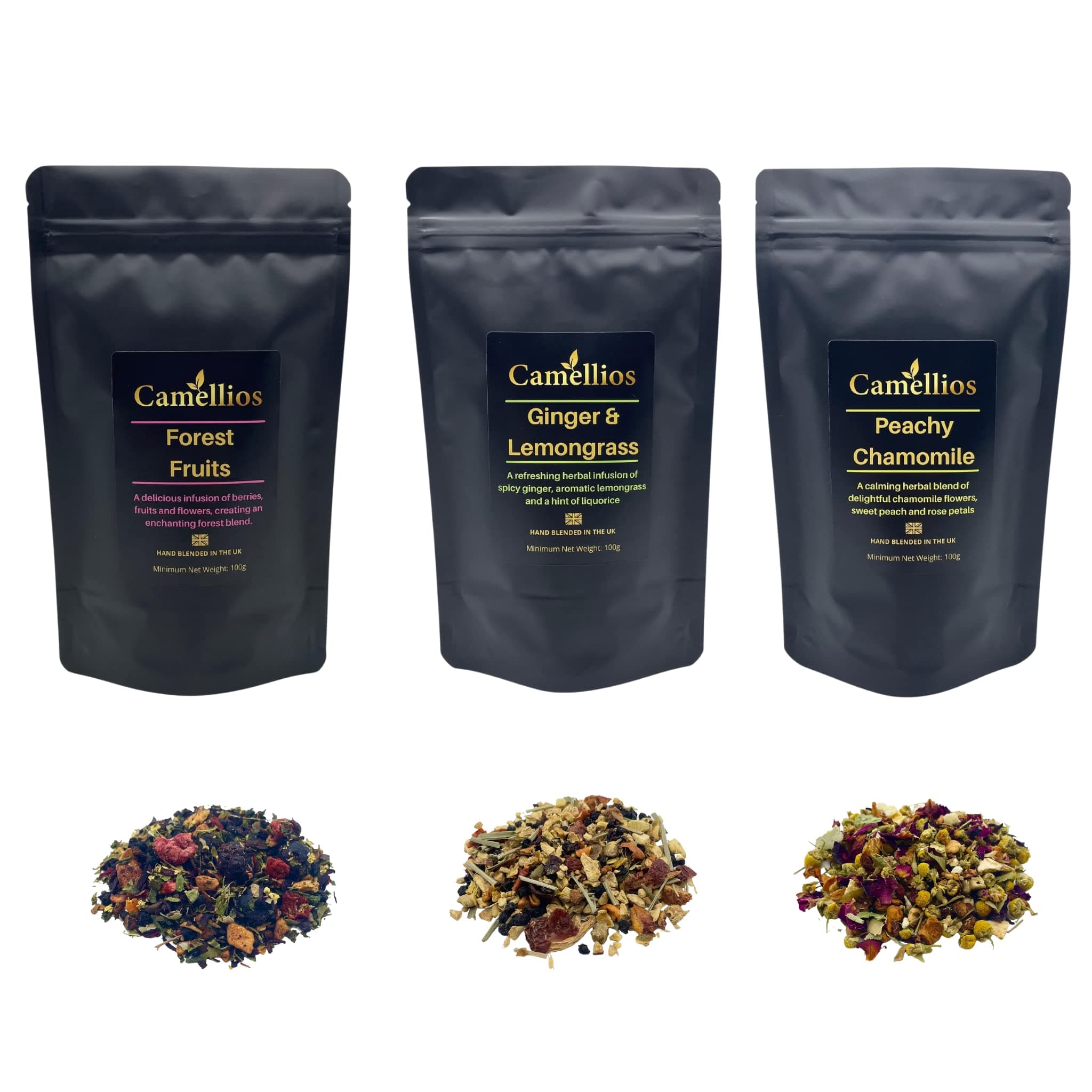 Herbal Tea Selection, 3 Wellness Loose Leaf Teas, Camellios (3 Flavours, 100g Each)
