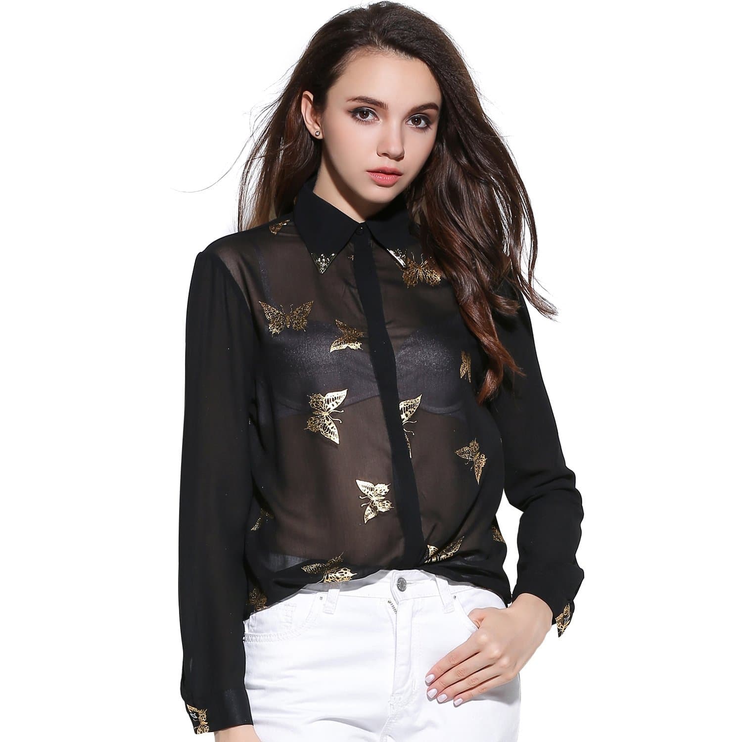 CBRL Women's Long Sleeve Butterfly Print Casual Chiffon Blouse (S, Black)